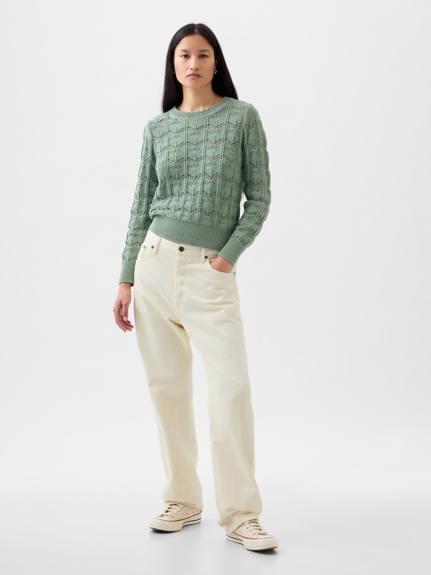 Green Pointelle Crew Neck Long Sleeve Jumper - Image 3 of 5