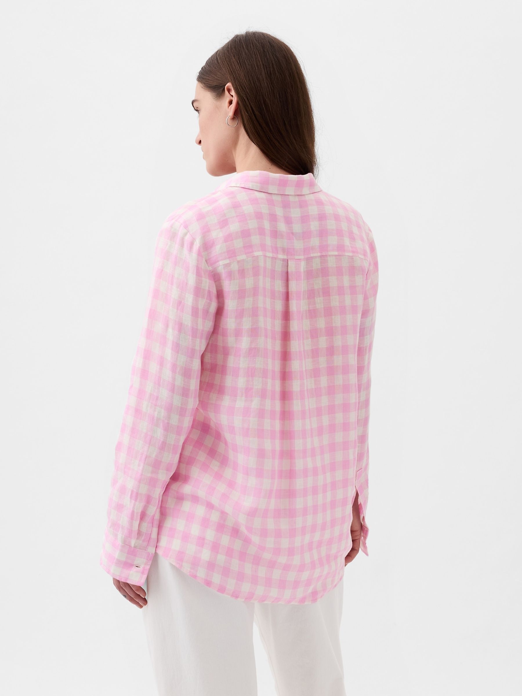 Pink Gingham 100% Linen Long Sleeve Oversized Shirt - Image 2 of 5 Pink Gingham 100% Linen Long Sleeve Oversized Shirt - Image 2 of 5