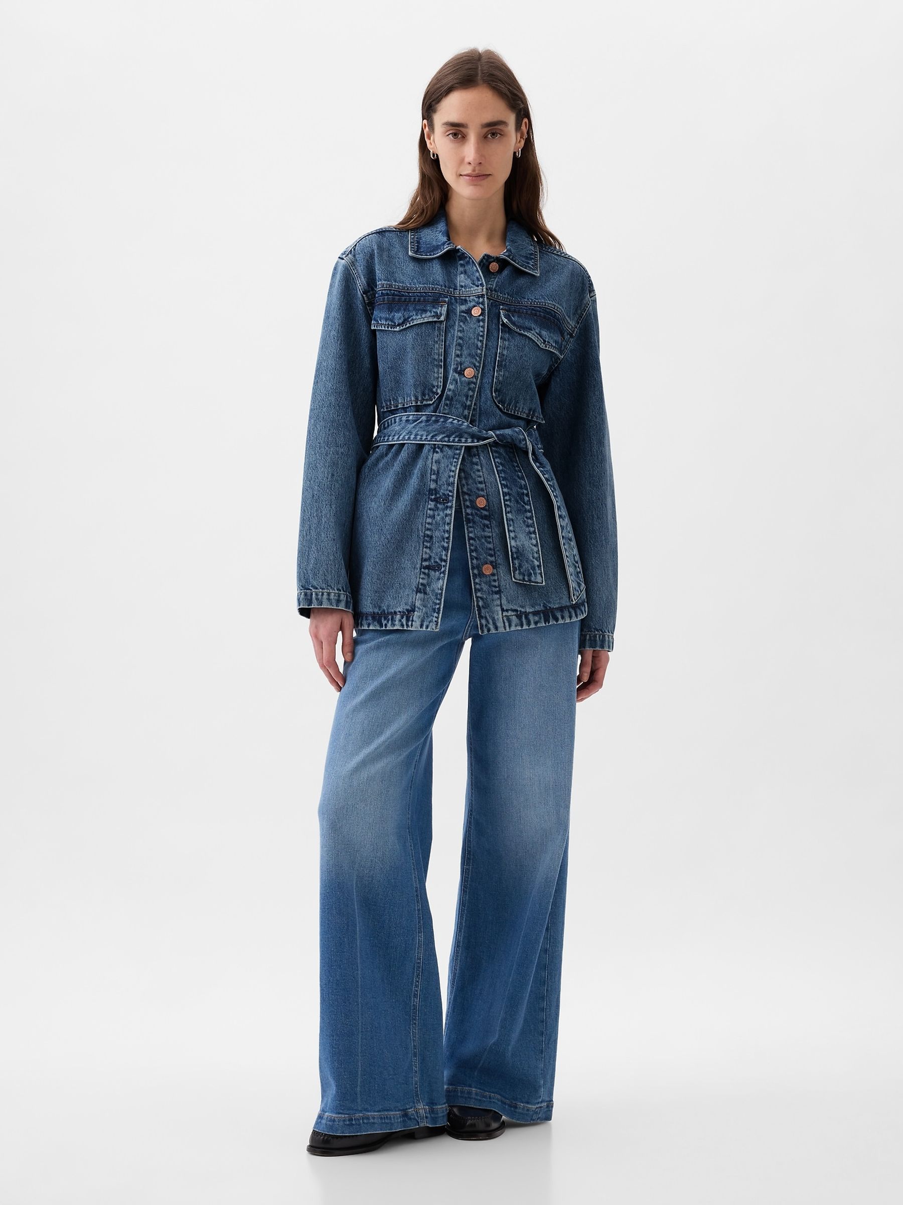 Blue Mid Length Belted Denim Shirt Jacket - Image 3 of 6