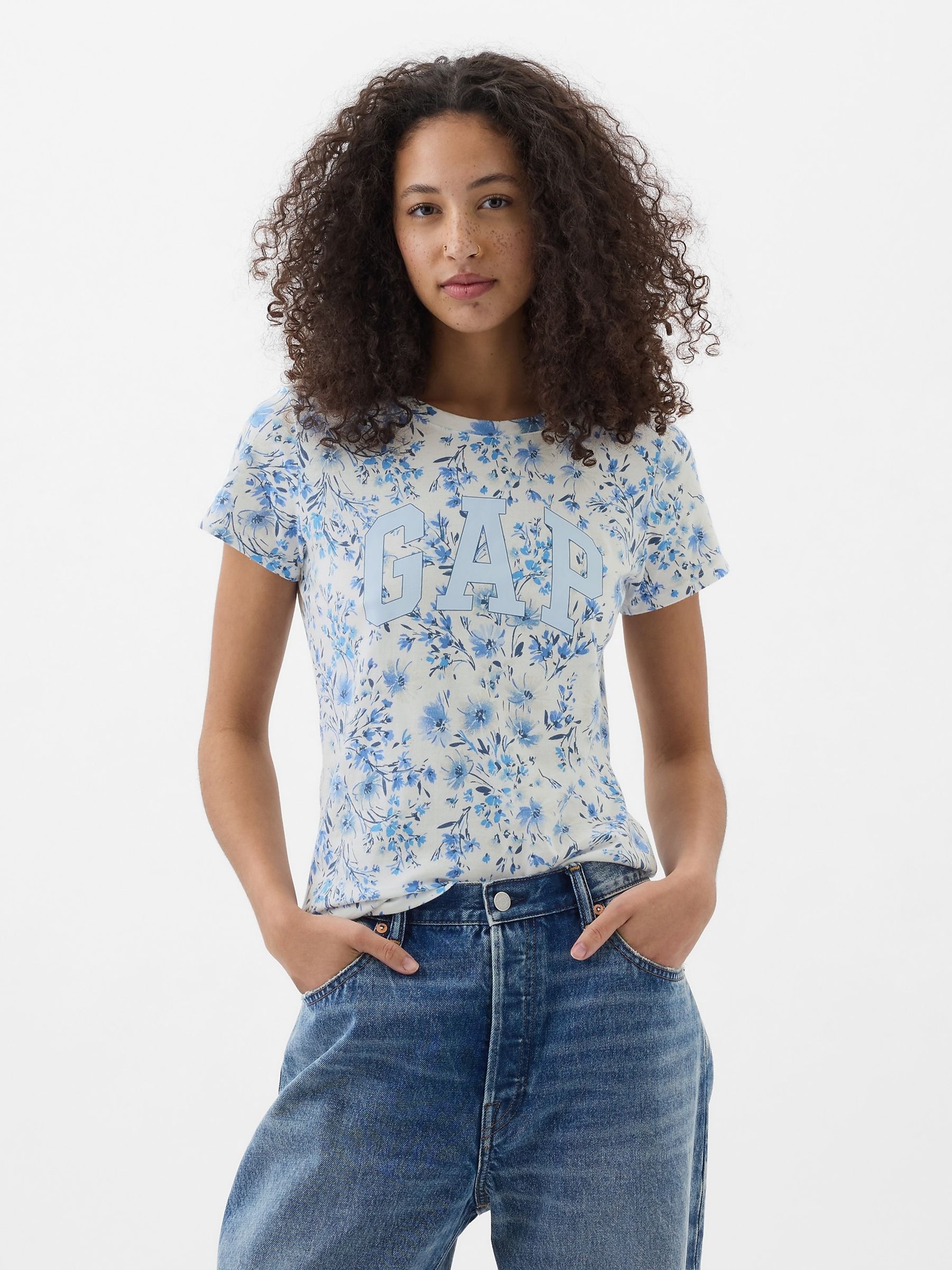 Blue Fitted Floral Logo Short Sleeve Crew Neck T-Shirt - Image 1 of 5