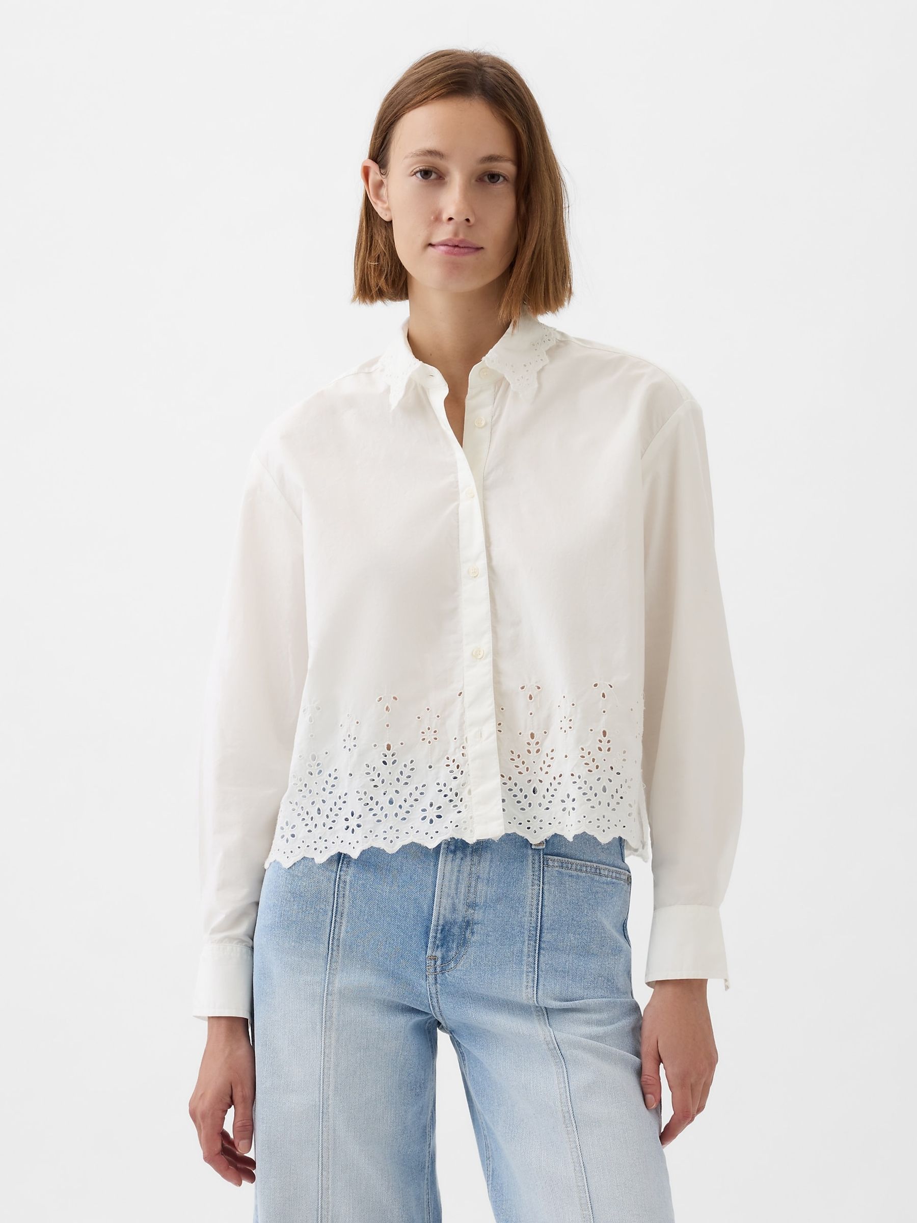 White Scalloped Hem Eyelet Cropped Shirt - Image 1 of 1