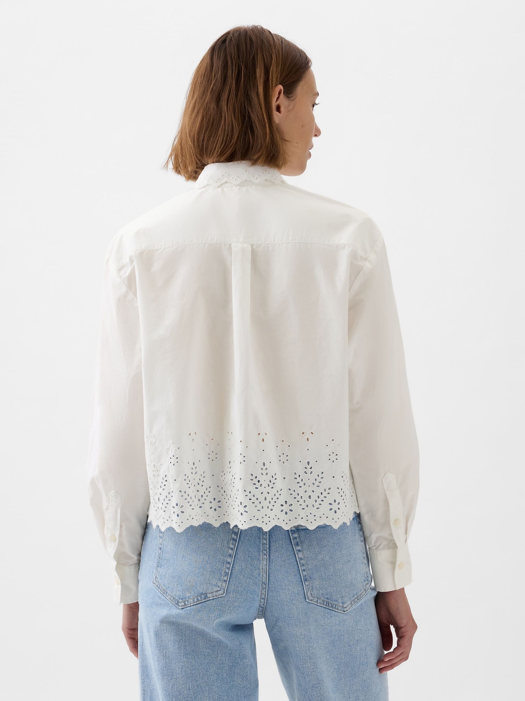 White Scalloped Hem Eyelet Cropped Shirt - Image 2 of 5