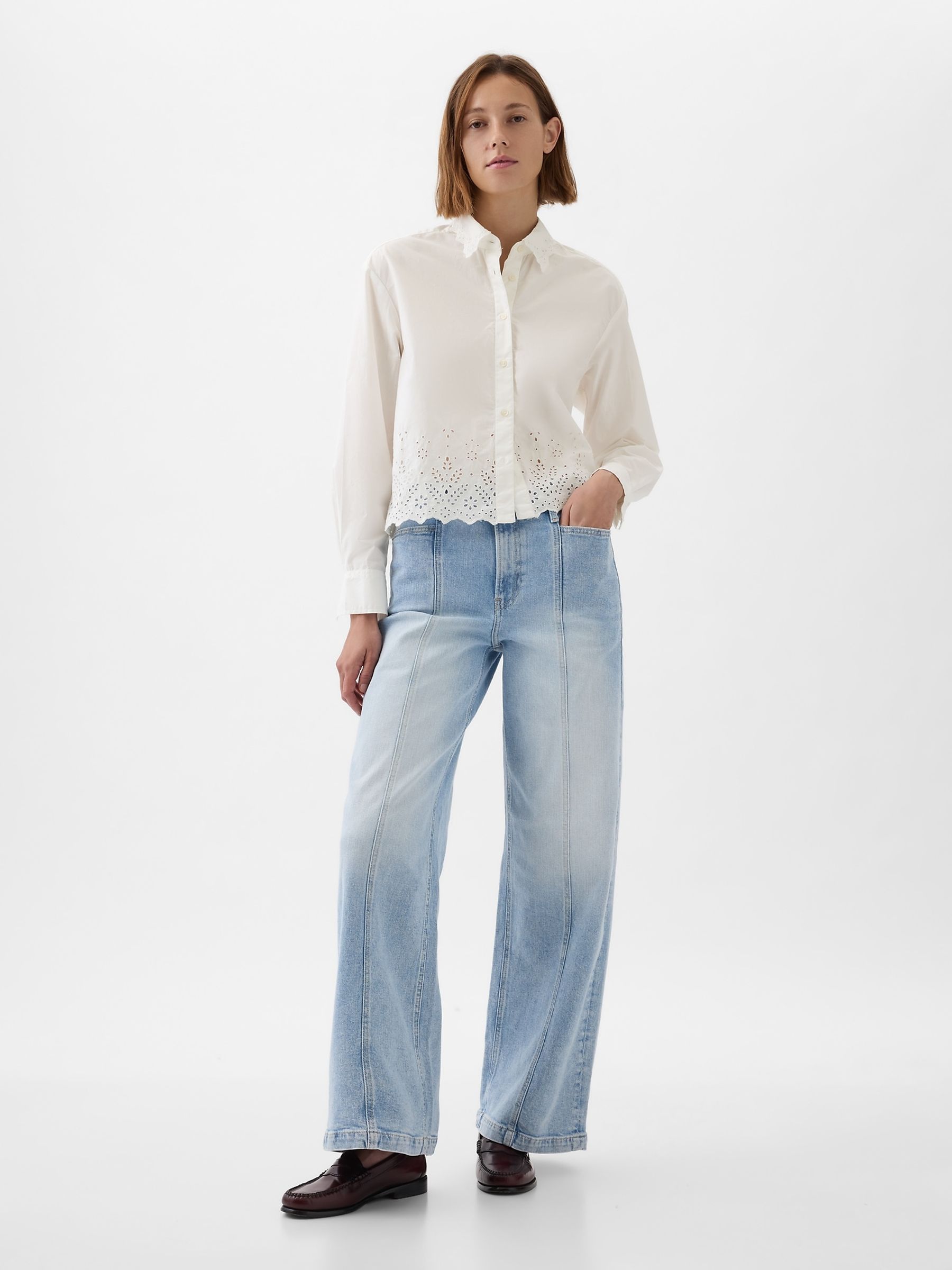White Scalloped Hem Eyelet Cropped Shirt - Image 3 of 5