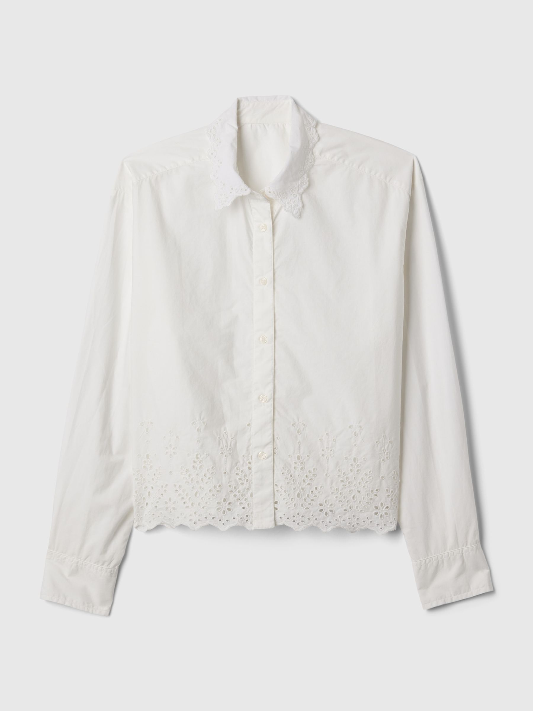 White Scalloped Hem Eyelet Cropped Shirt - Image 5 of 5