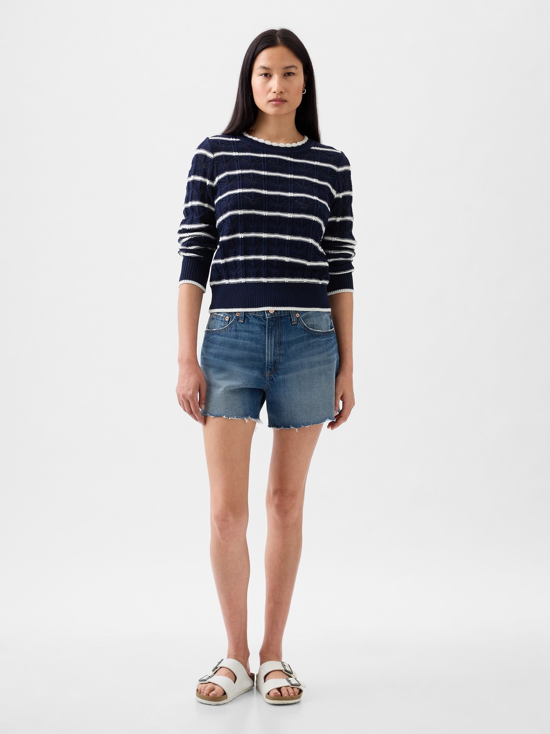 Blue Pointelle Crew Neck Long Sleeve Jumper - Image 1 of 5 Blue Pointelle Crew Neck Long Sleeve Jumper - Image 1 of 5