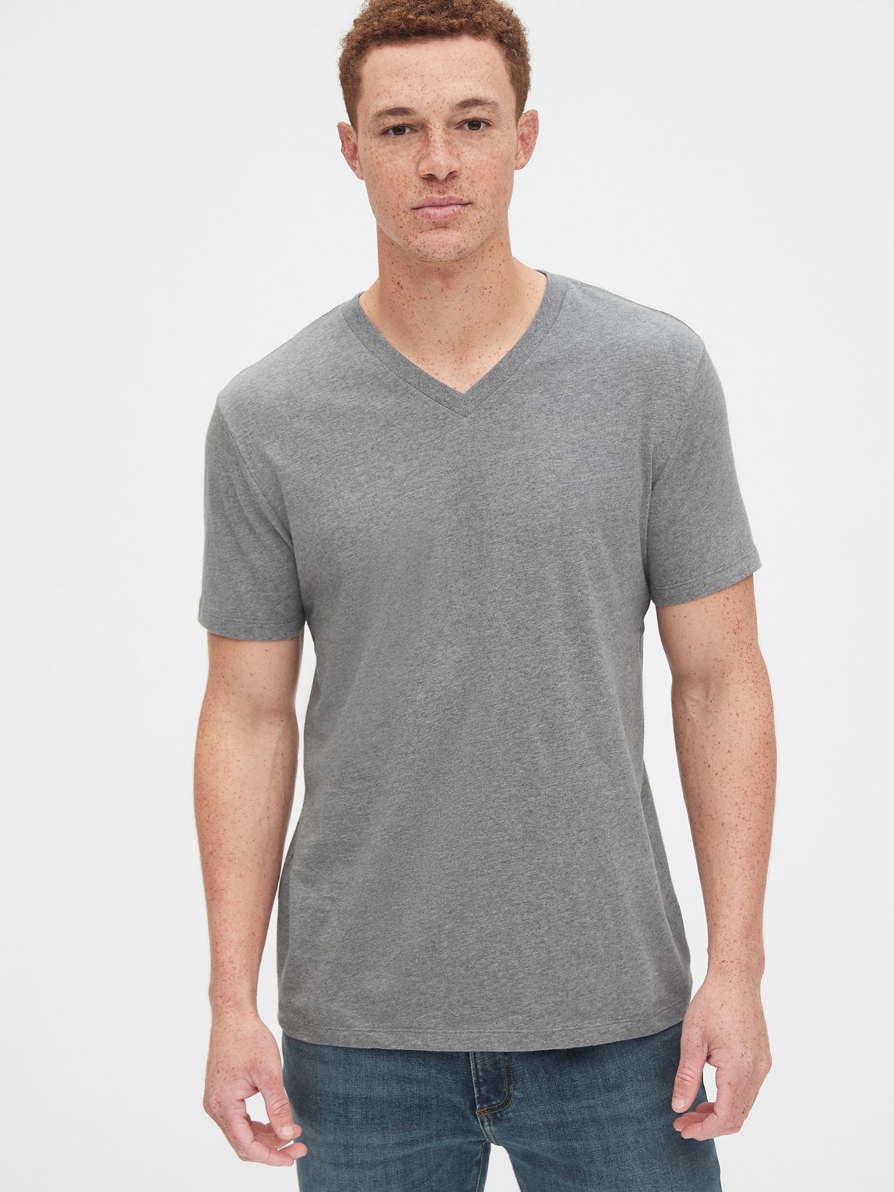 Grey V-Neck Classic 100% Cotton Short Sleeve T-Shirt - Image 1 of 5