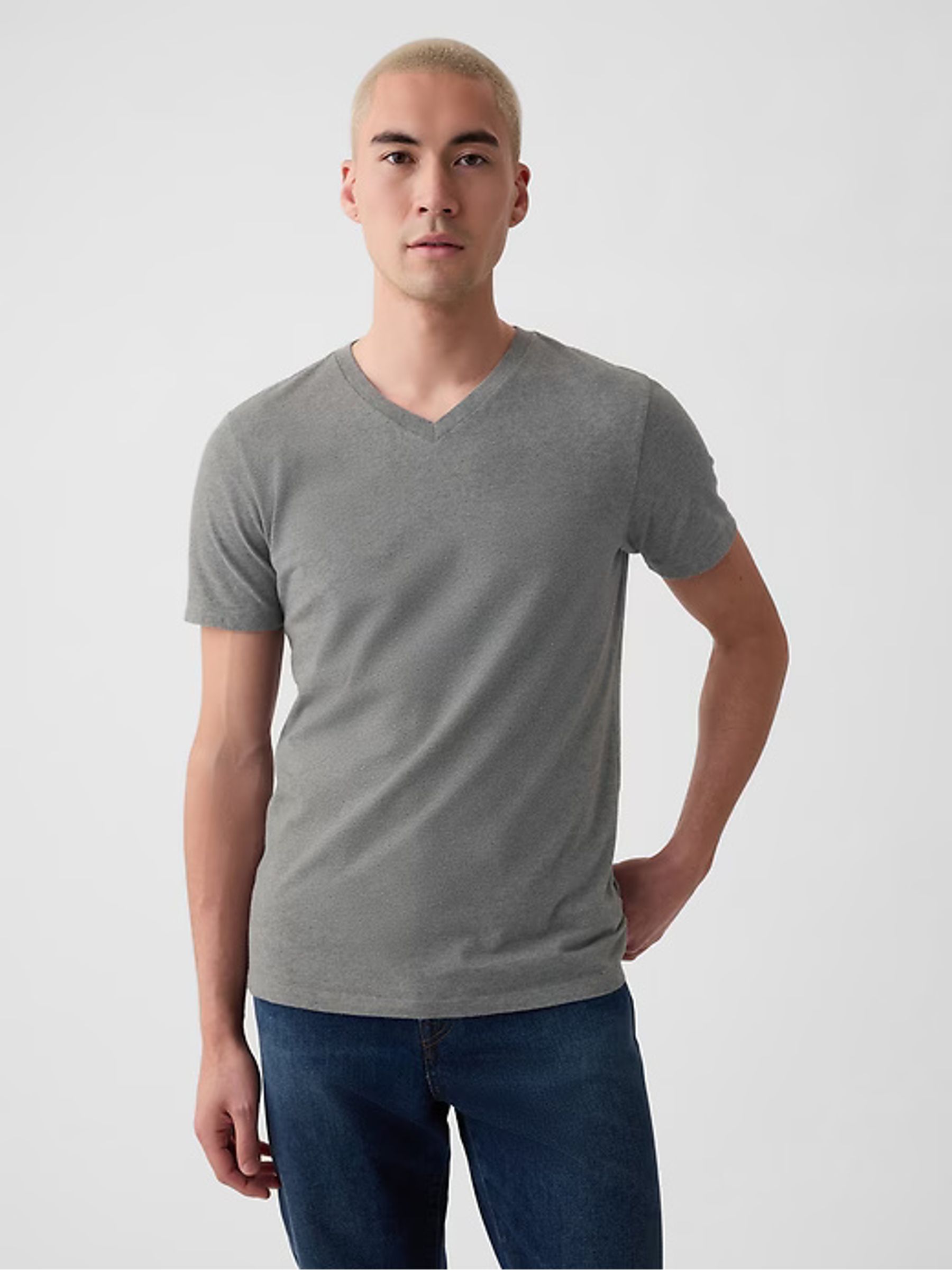 Grey V-Neck Classic 100% Cotton Short Sleeve T-Shirt - Image 2 of 5