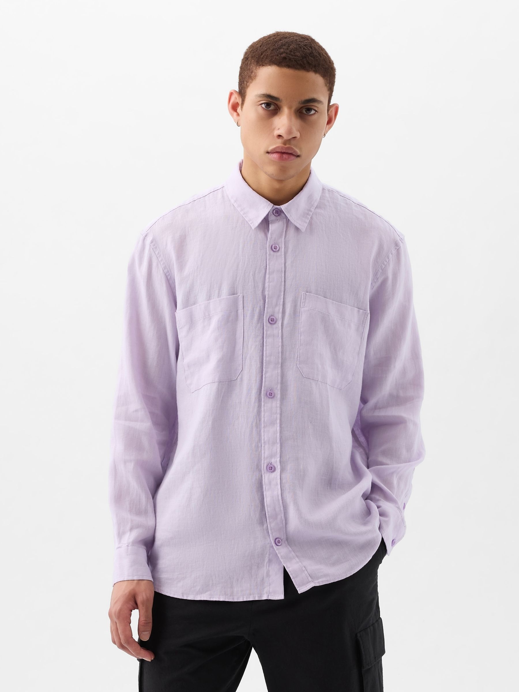 Purple Linen Blend Long Sleeve Shirt - Image 1 of 4