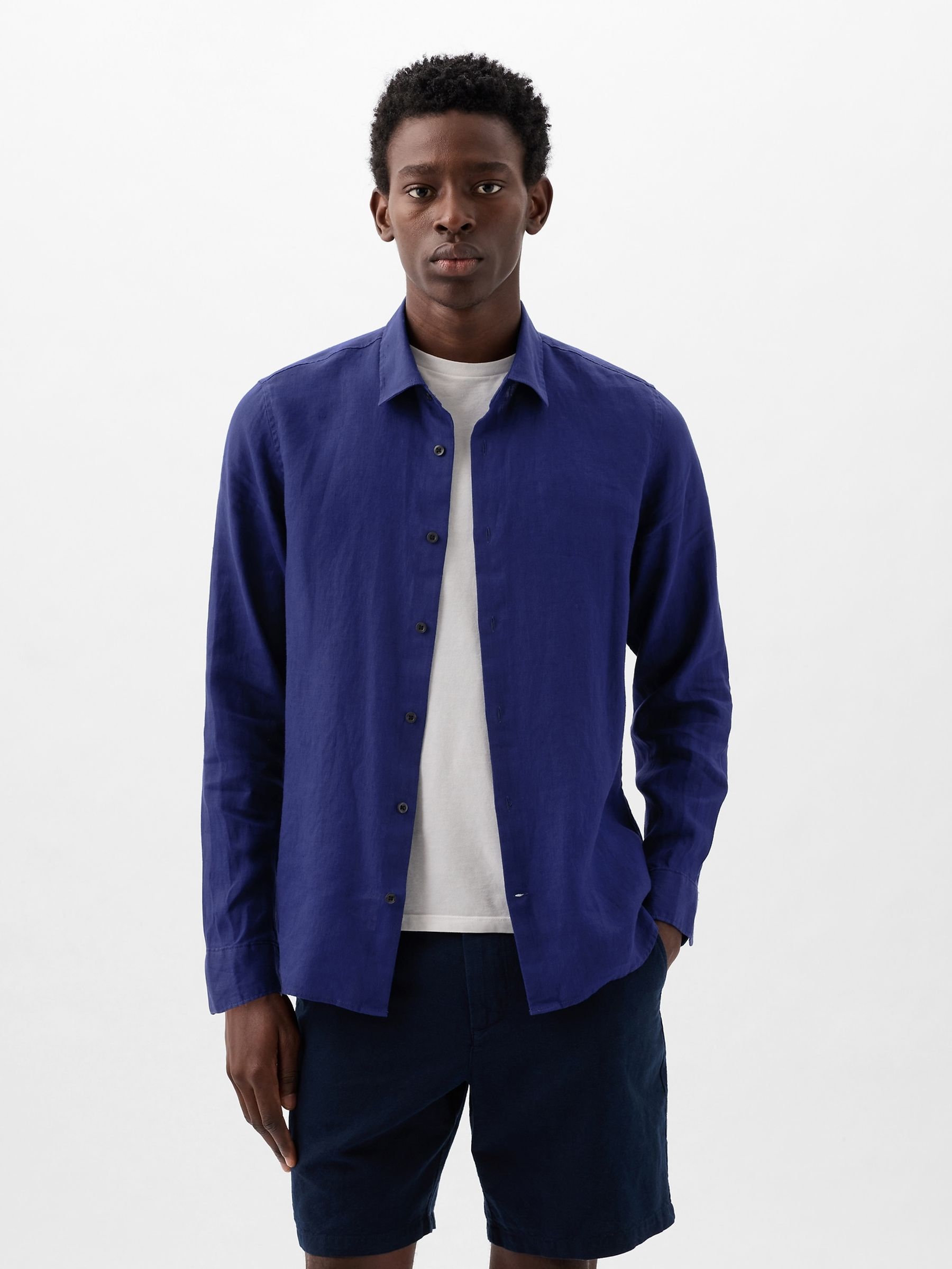 Blue 100% Linen Long Sleeve Shirt - Image 4 of 7