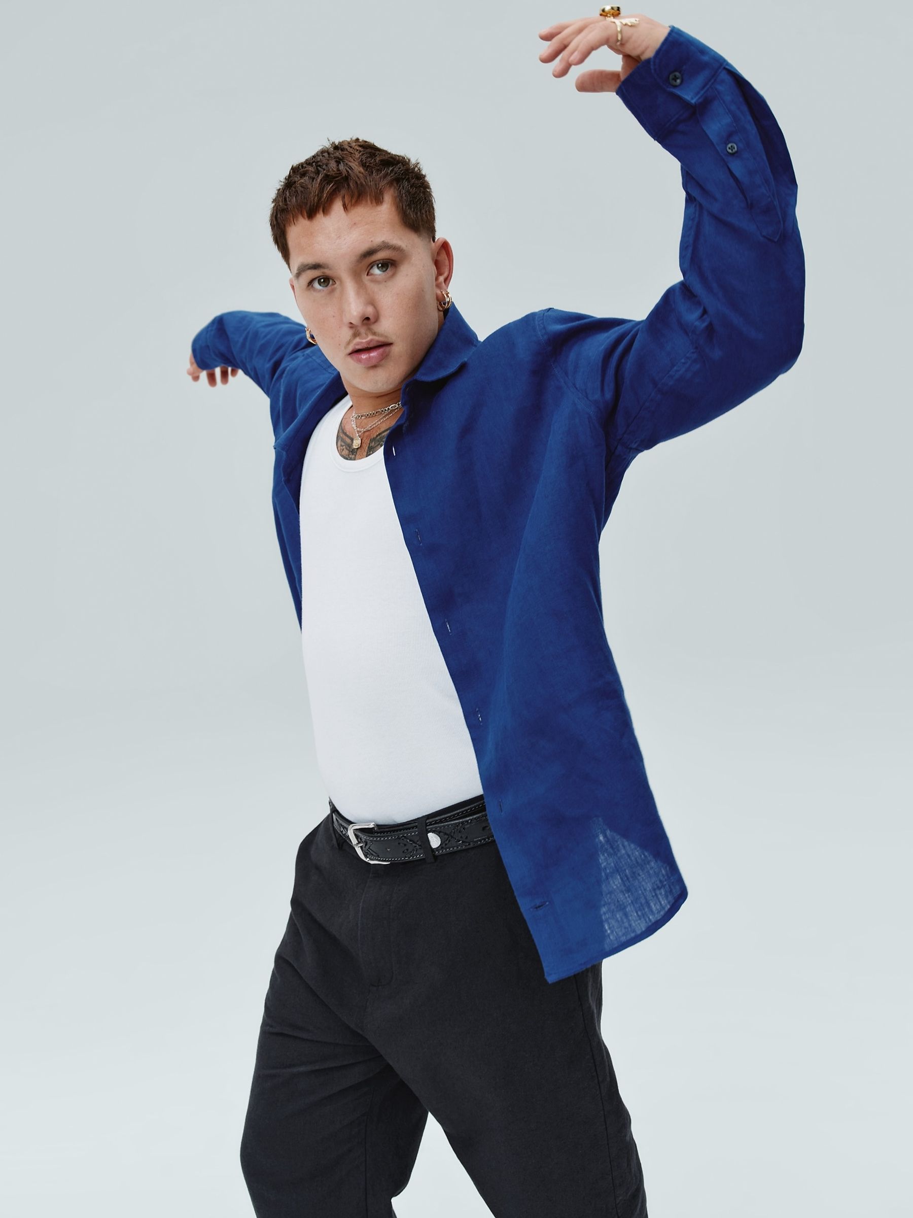 Blue 100% Linen Long Sleeve Shirt - Image 5 of 7
