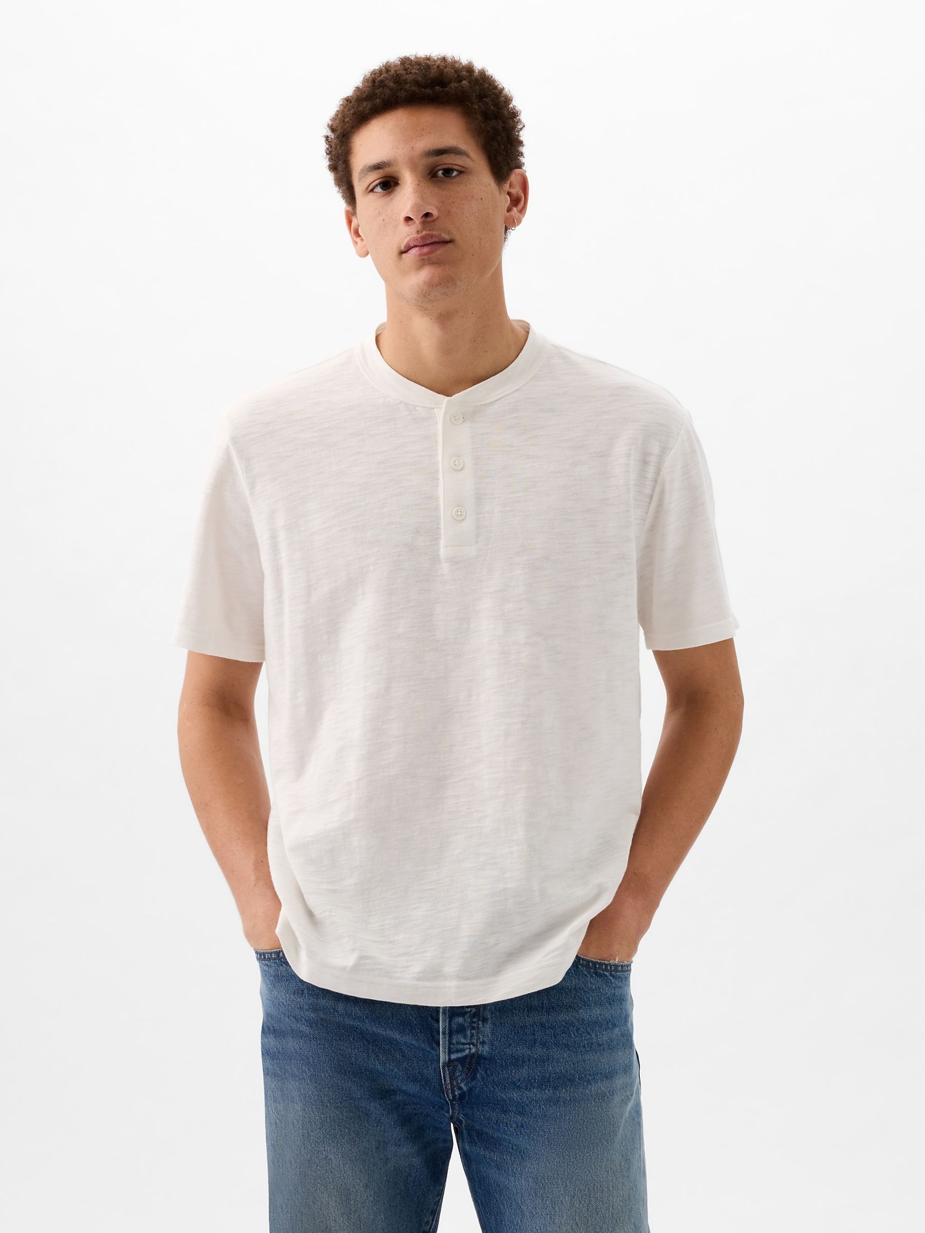 White Slub Short Sleeve Henley T-Shirt - Image 1 of 1