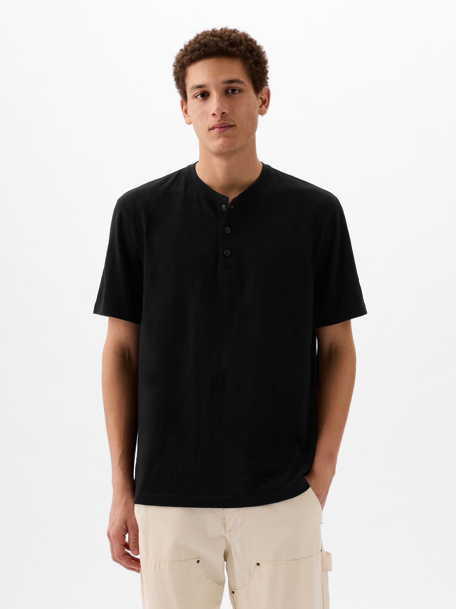 Black Slub Short Sleeve Henley T-Shirt - Image 1 of 4