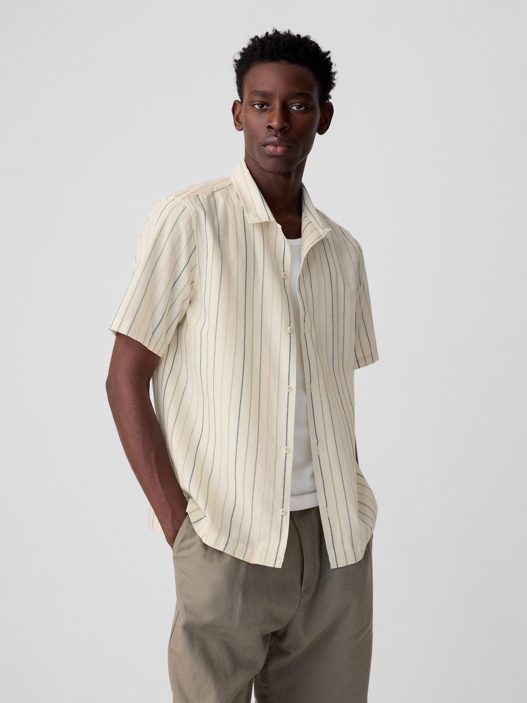 Cream Jacquard Striped Short Sleeve Shirt - Image 1 of 1