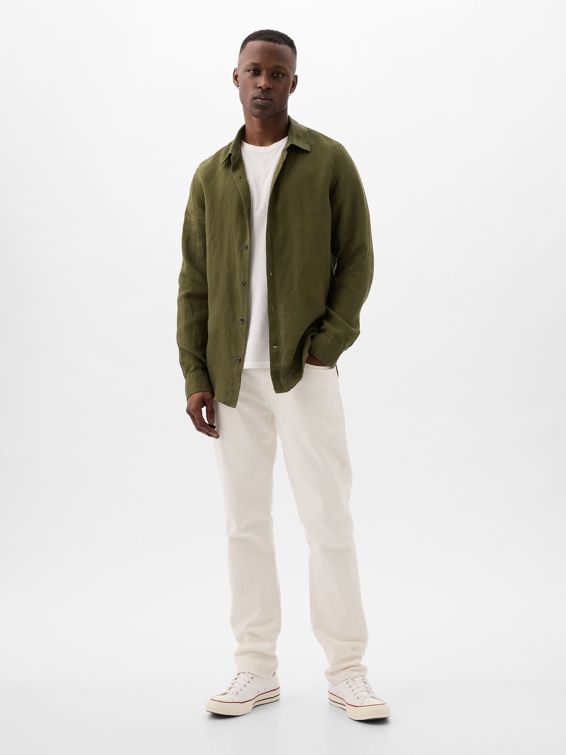 Green 100% Linen Long Sleeve Shirt - Image 3 of 5