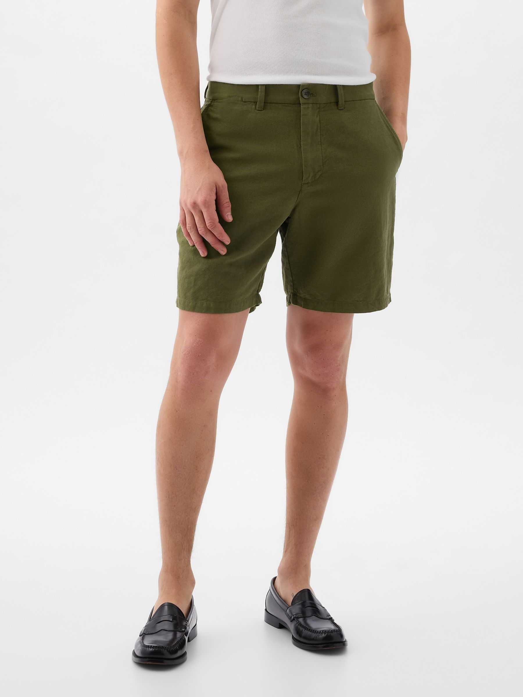 Olive Green Linen Cotton Flat Front Shorts - Image 1 of 1