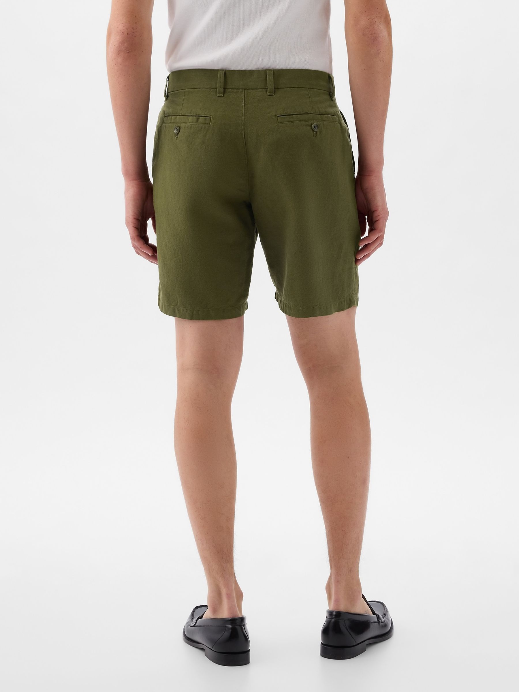 Olive Green Linen Cotton Flat Front Shorts - Image 2 of 7