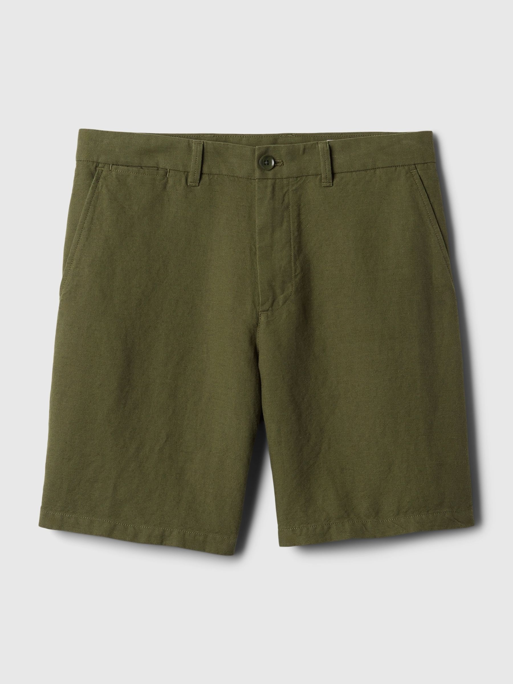 Olive Green Linen Cotton Flat Front Shorts - Image 4 of 7