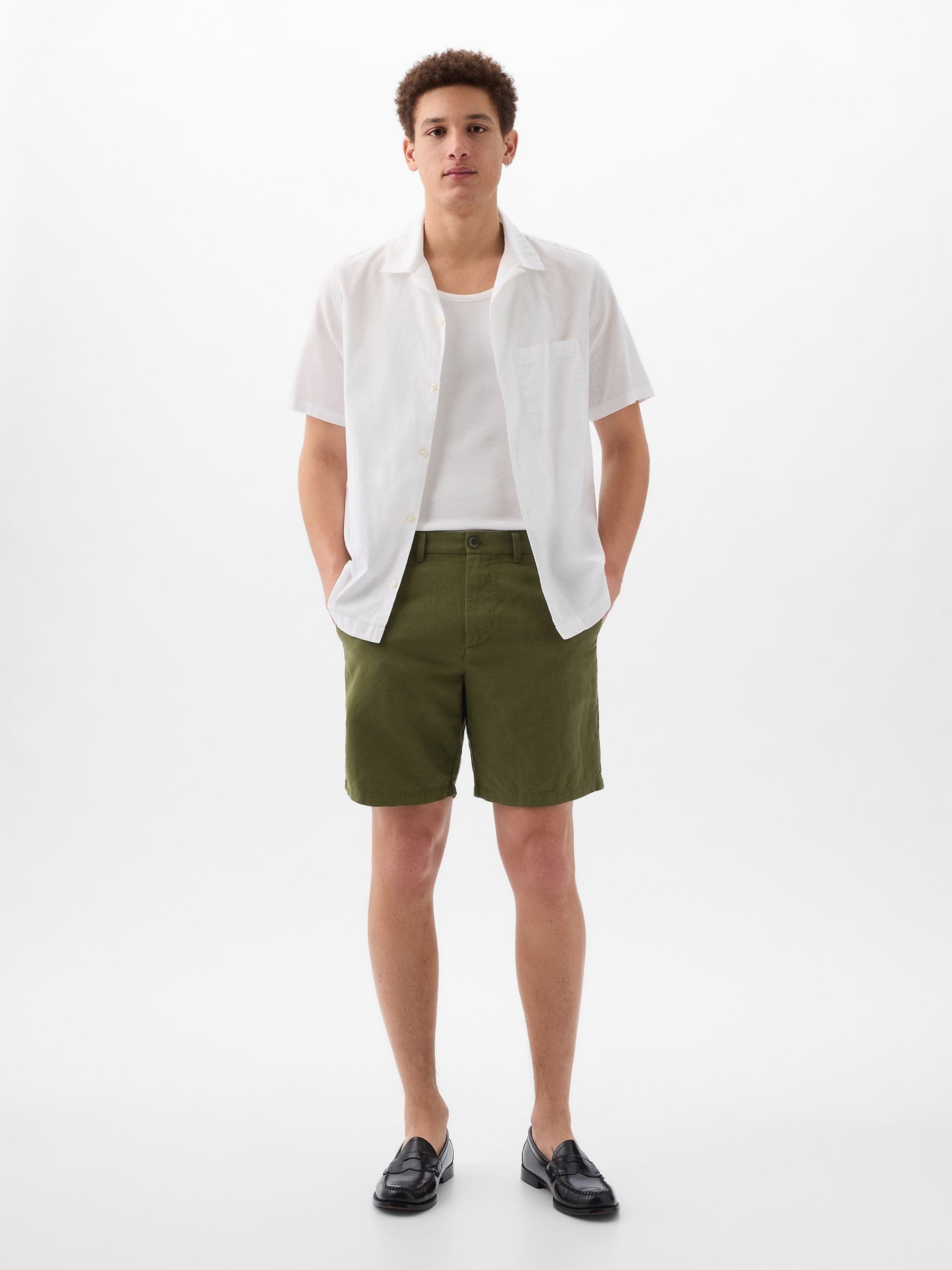 Olive Green Linen Cotton Flat Front Shorts - Image 7 of 7