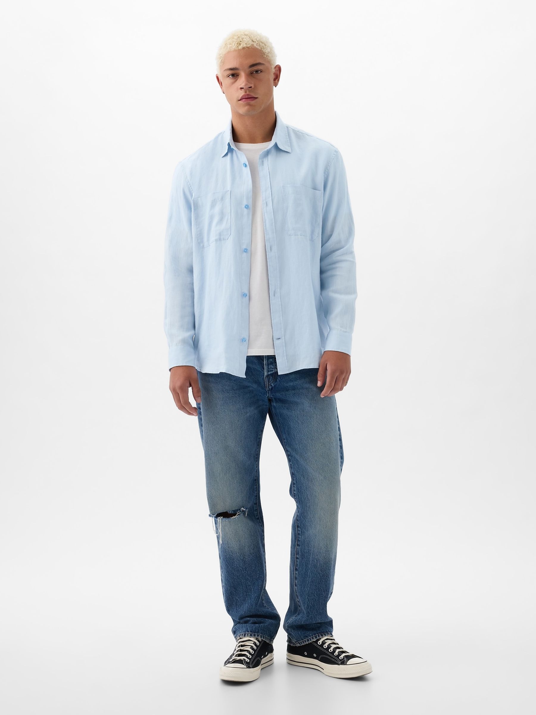 Blue Linen Blend Long Sleeve Shirt - Image 3 of 4