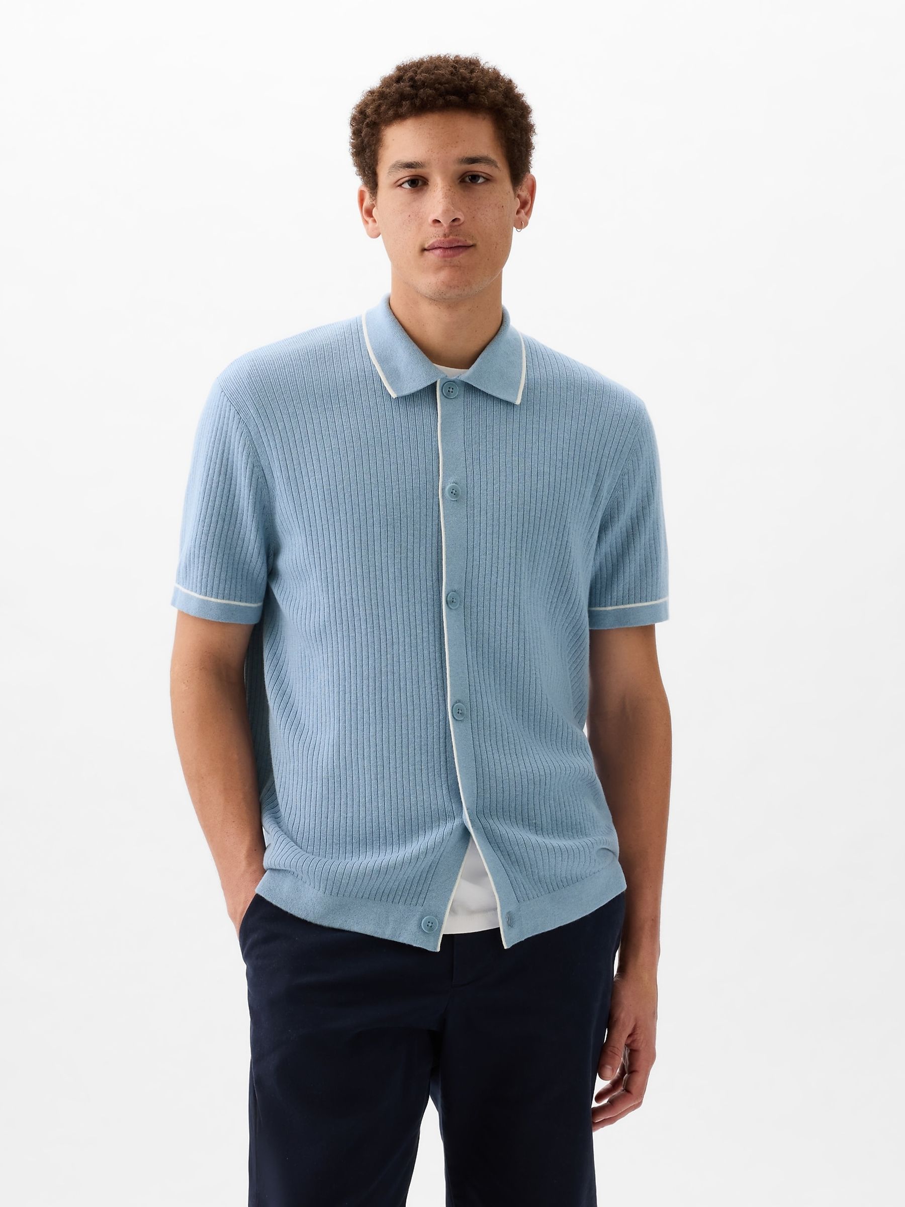 Blue Ribbed Buttoned Short Sleeve Knit Shirt - Image 1 of 4 Blue Ribbed Buttoned Short Sleeve Knit Shirt - Image 1 of 4