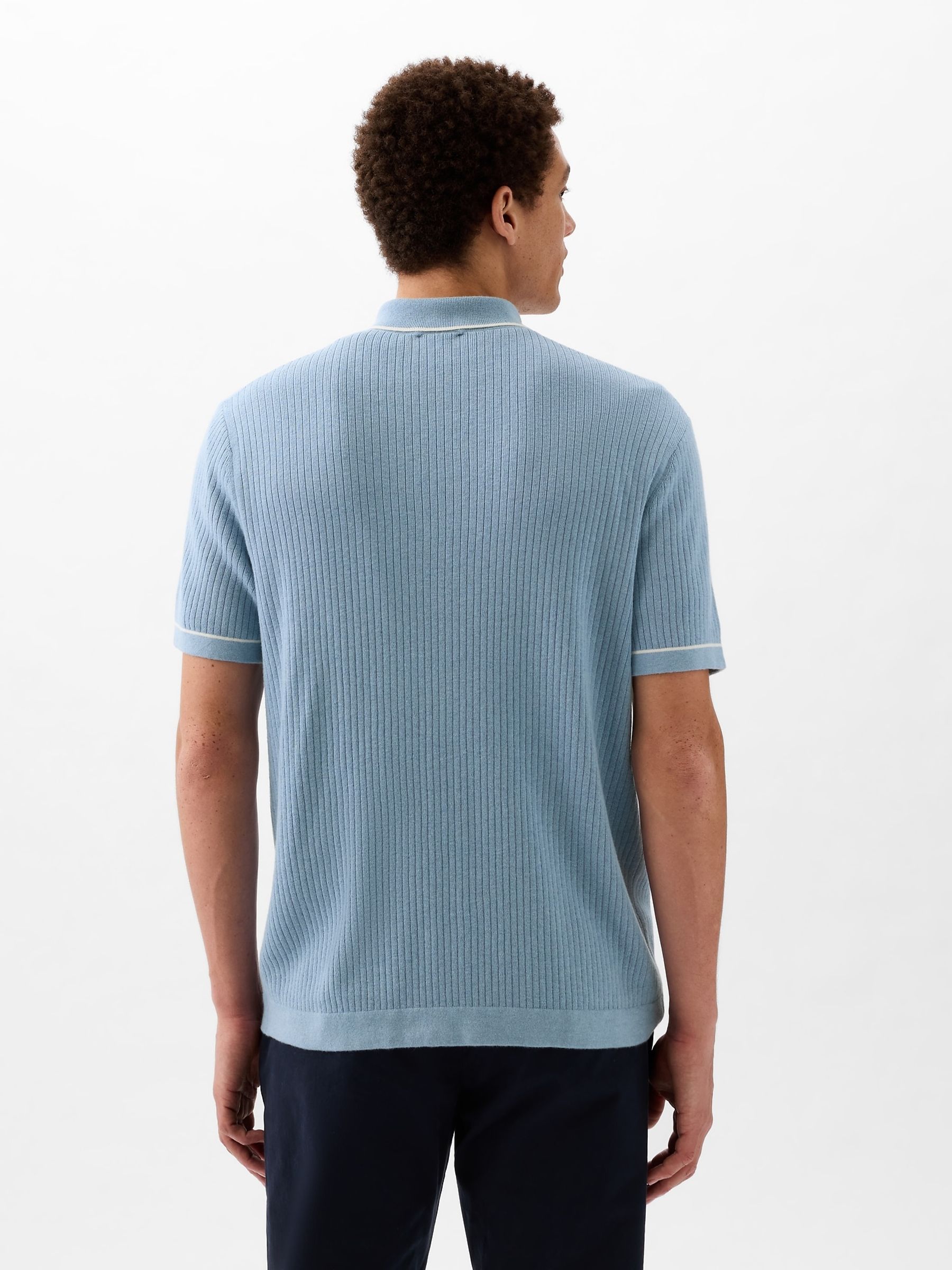 Blue Ribbed Buttoned Short Sleeve Knit Shirt - Image 2 of 4