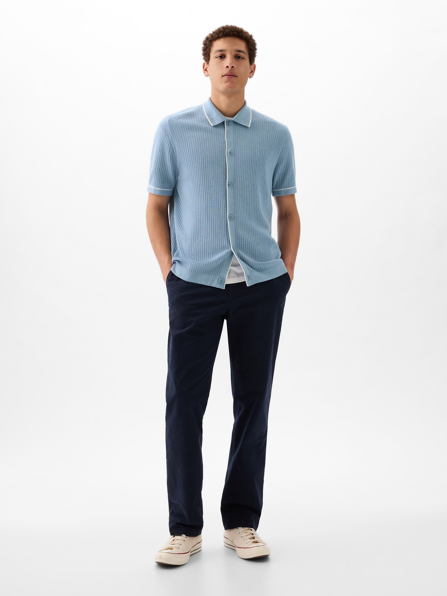 Blue Ribbed Buttoned Short Sleeve Knit Shirt - Image 3 of 4