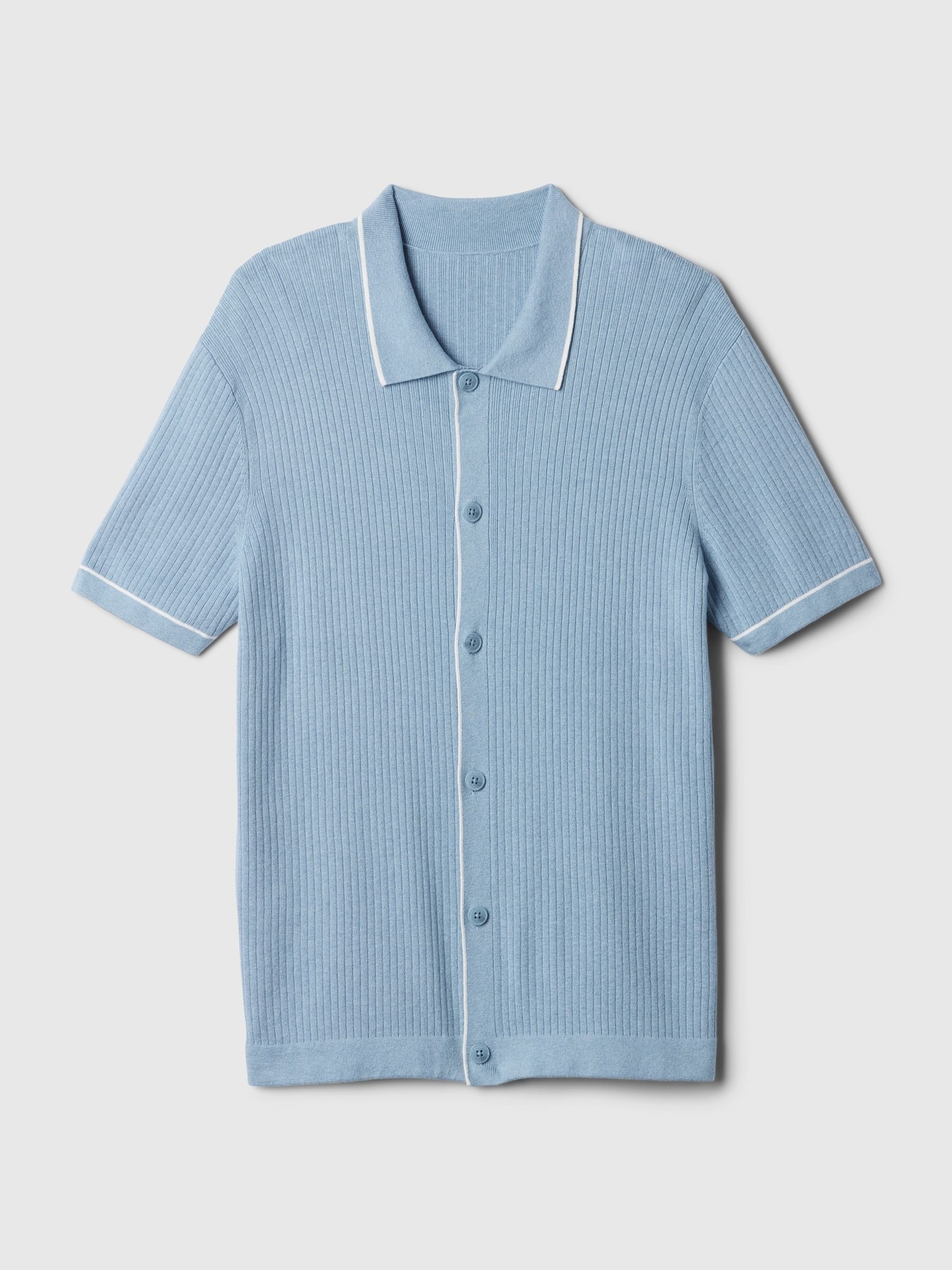 Blue Ribbed Buttoned Short Sleeve Knit Shirt - Image 4 of 4