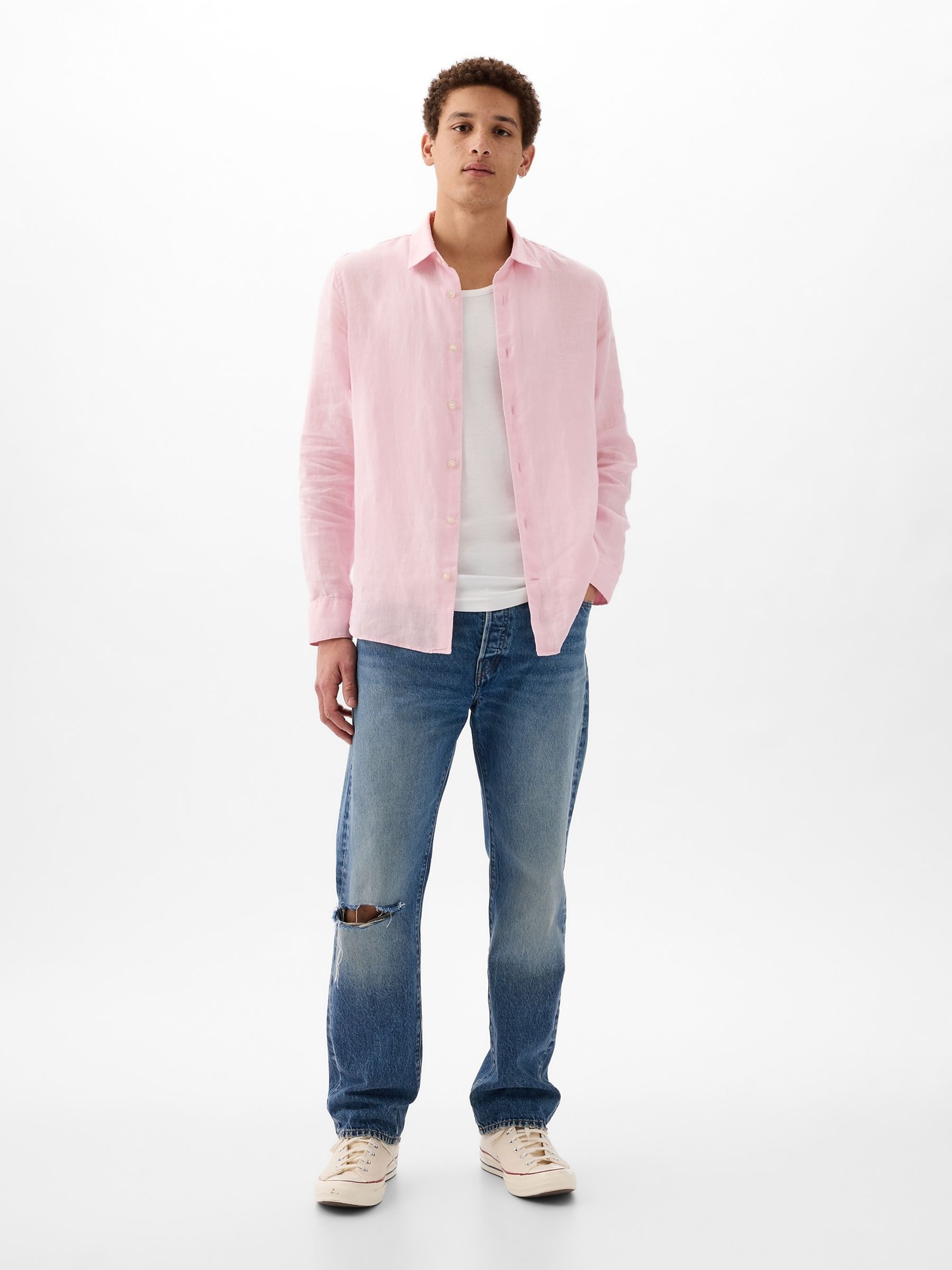 Pink 100% Linen Long Sleeve Shirt - Image 3 of 4
