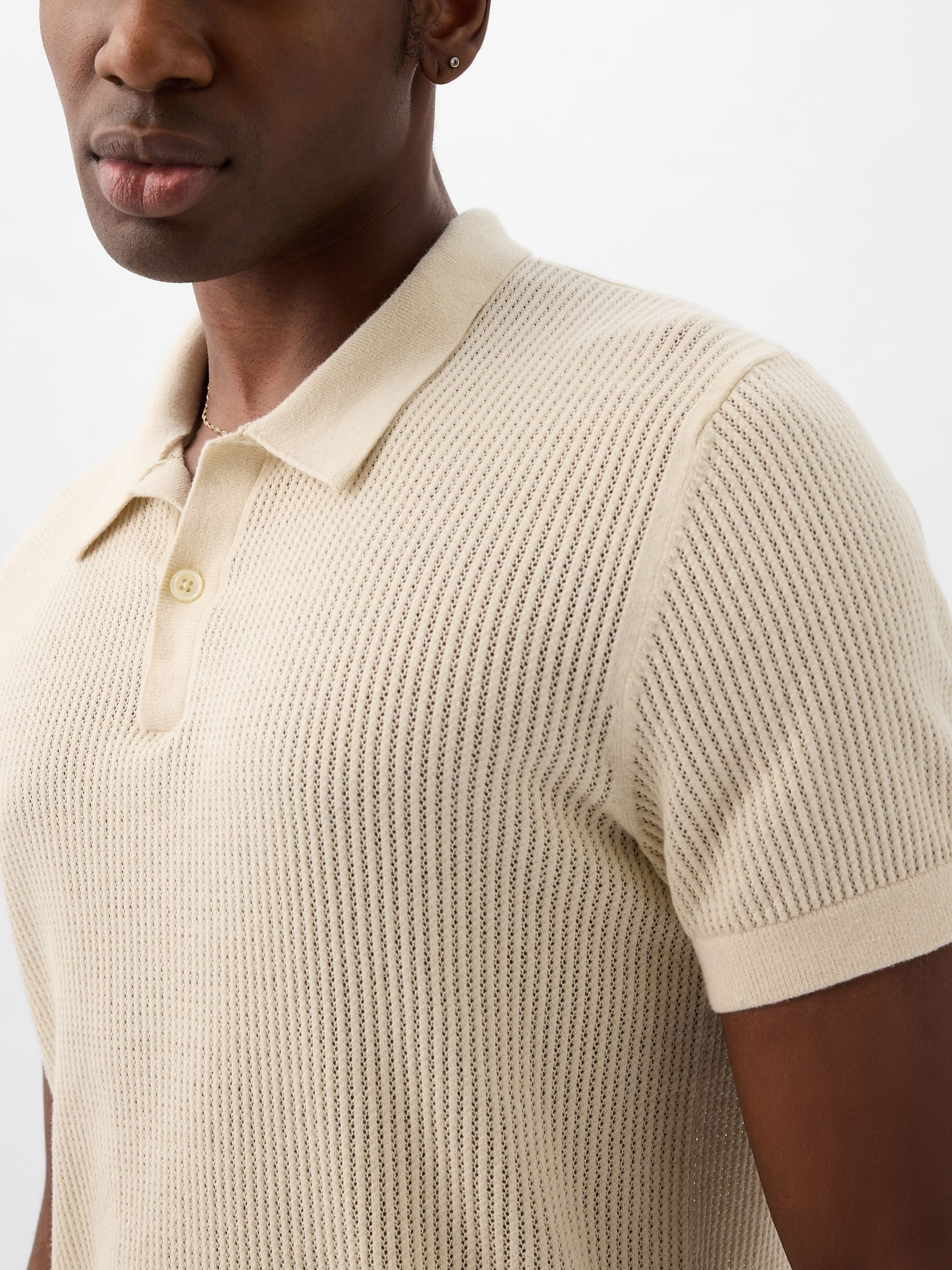 Cream Textured Short Sleeve Polo Shirt - Image 3 of 4