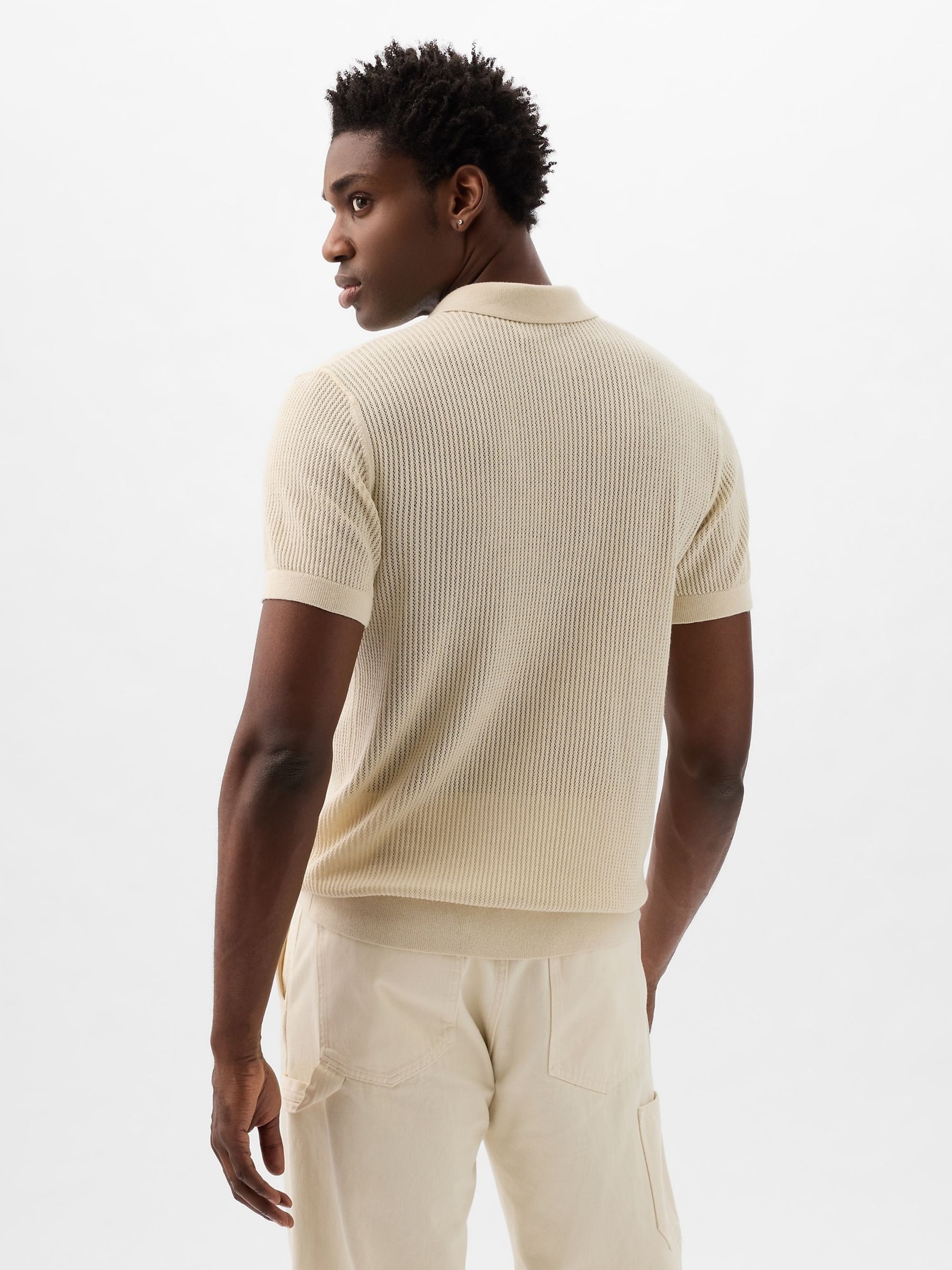 Cream Textured Short Sleeve Polo Shirt - Image 4 of 4