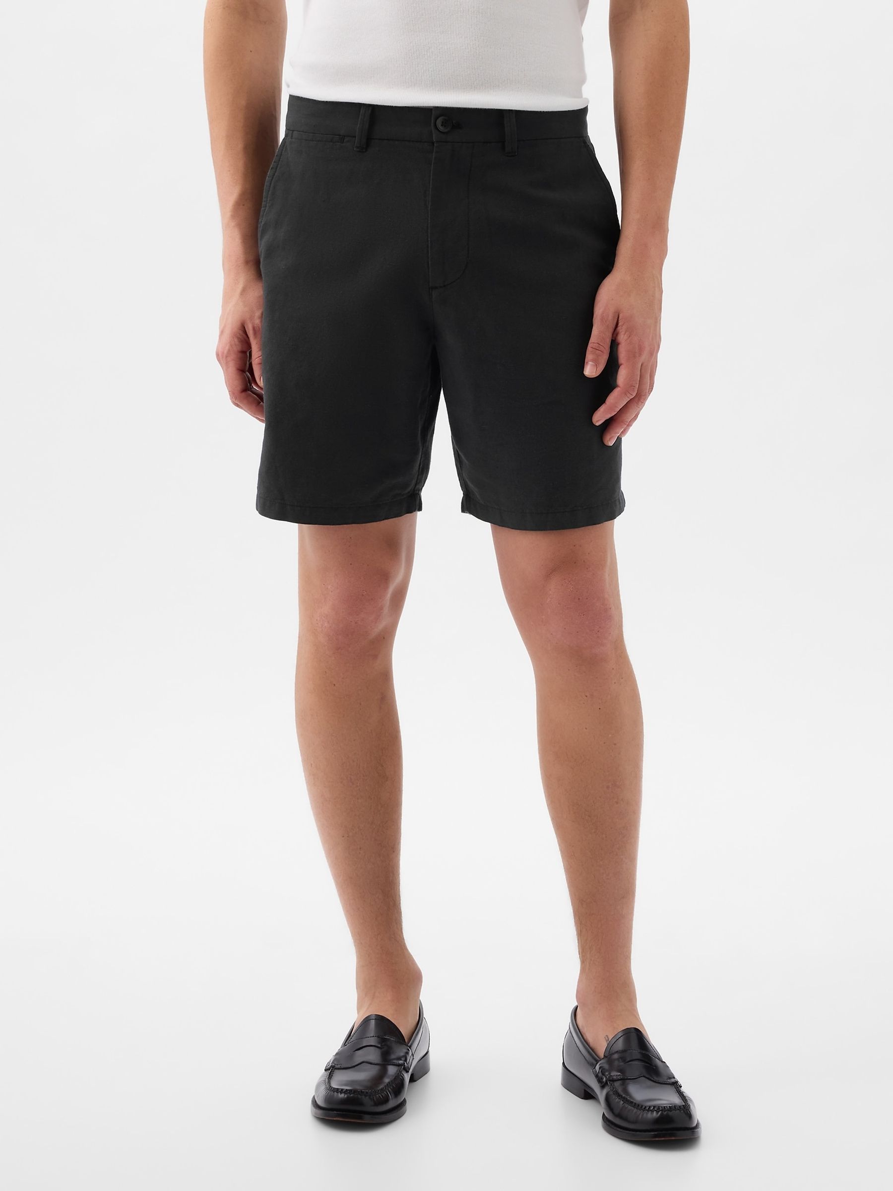 Black Linen Cotton Flat Front Shorts - Image 1 of 5