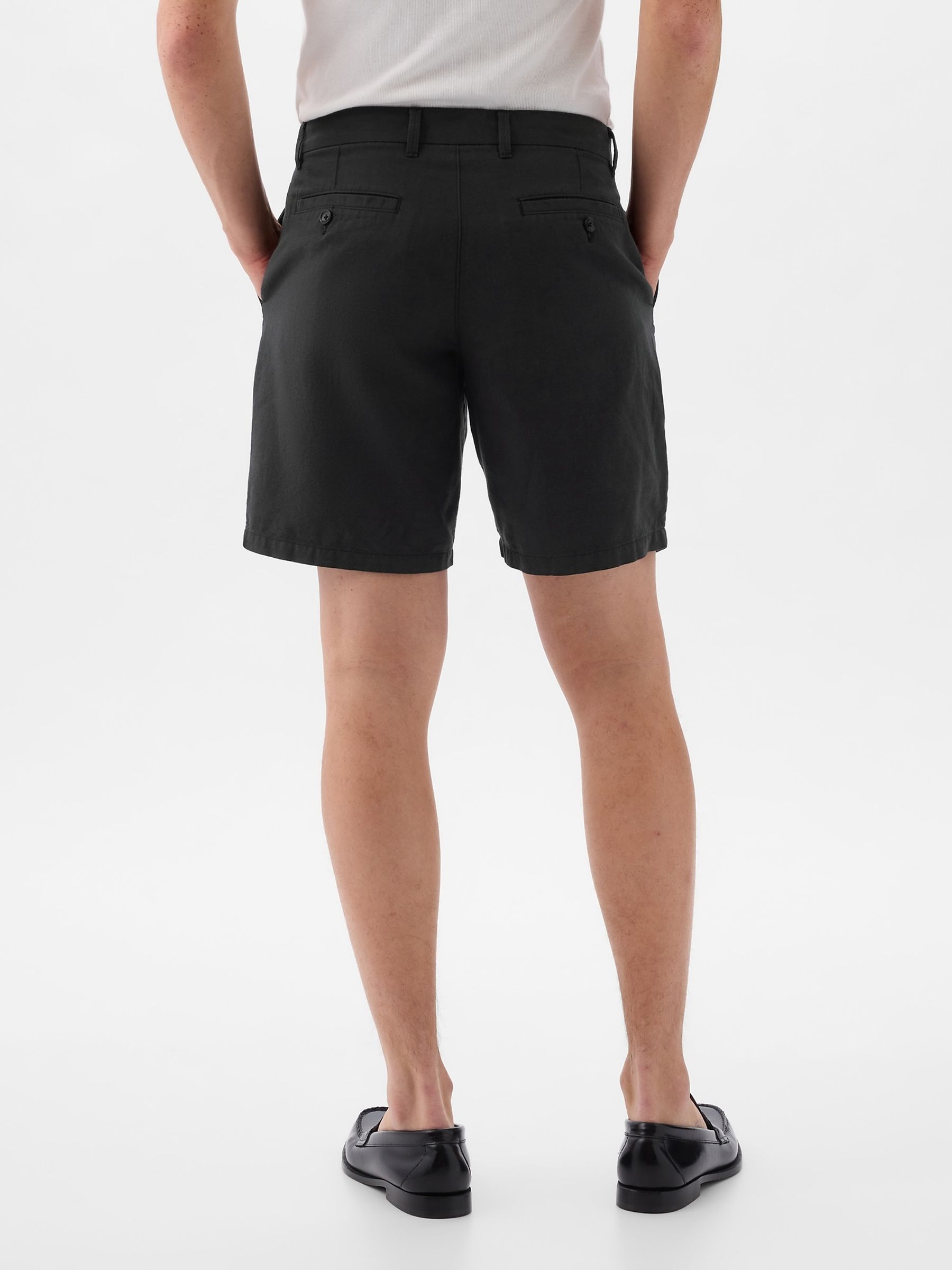 Black Linen Cotton Flat Front Shorts - Image 2 of 5