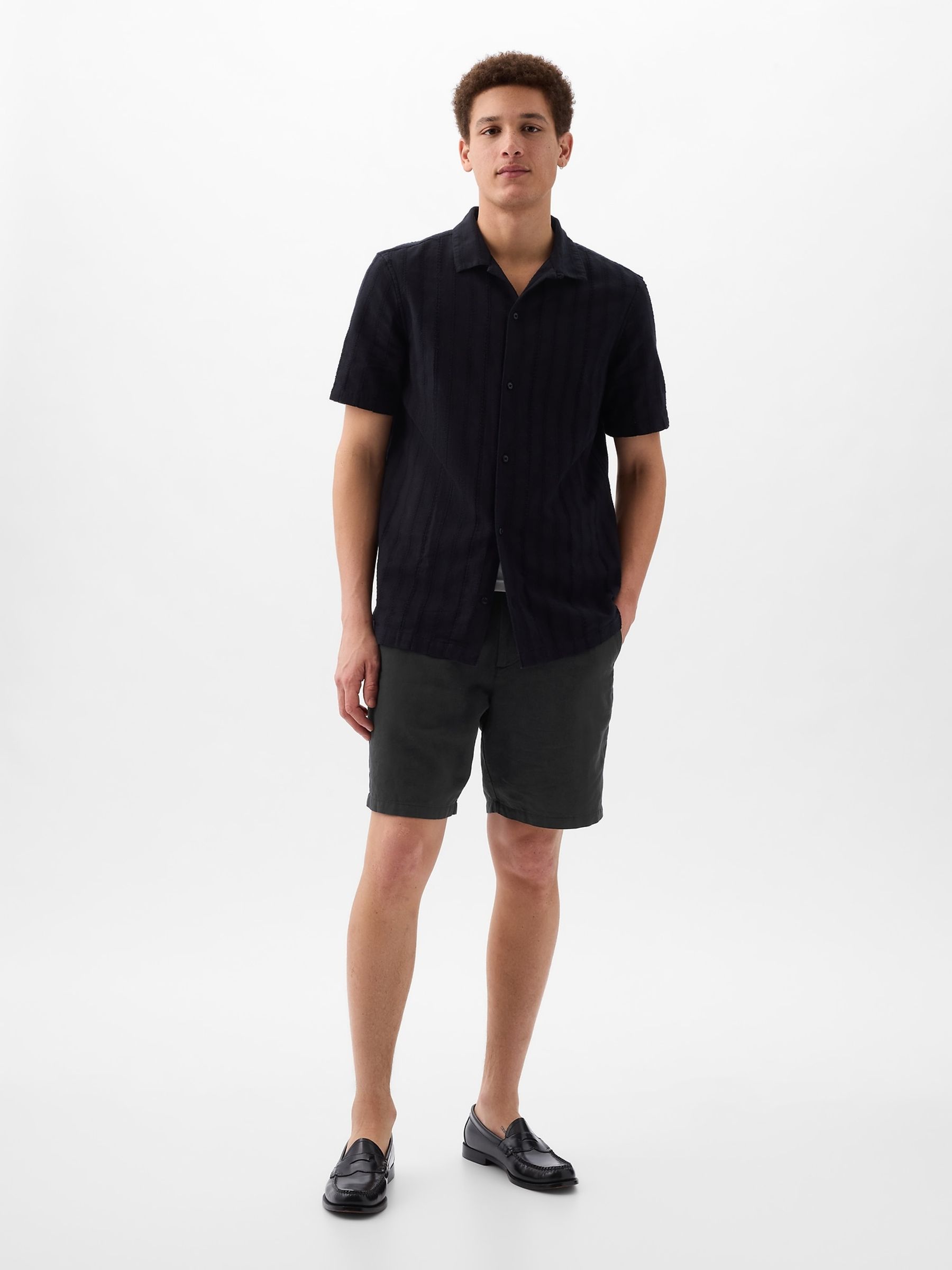 Black Linen Cotton Flat Front Shorts - Image 4 of 5