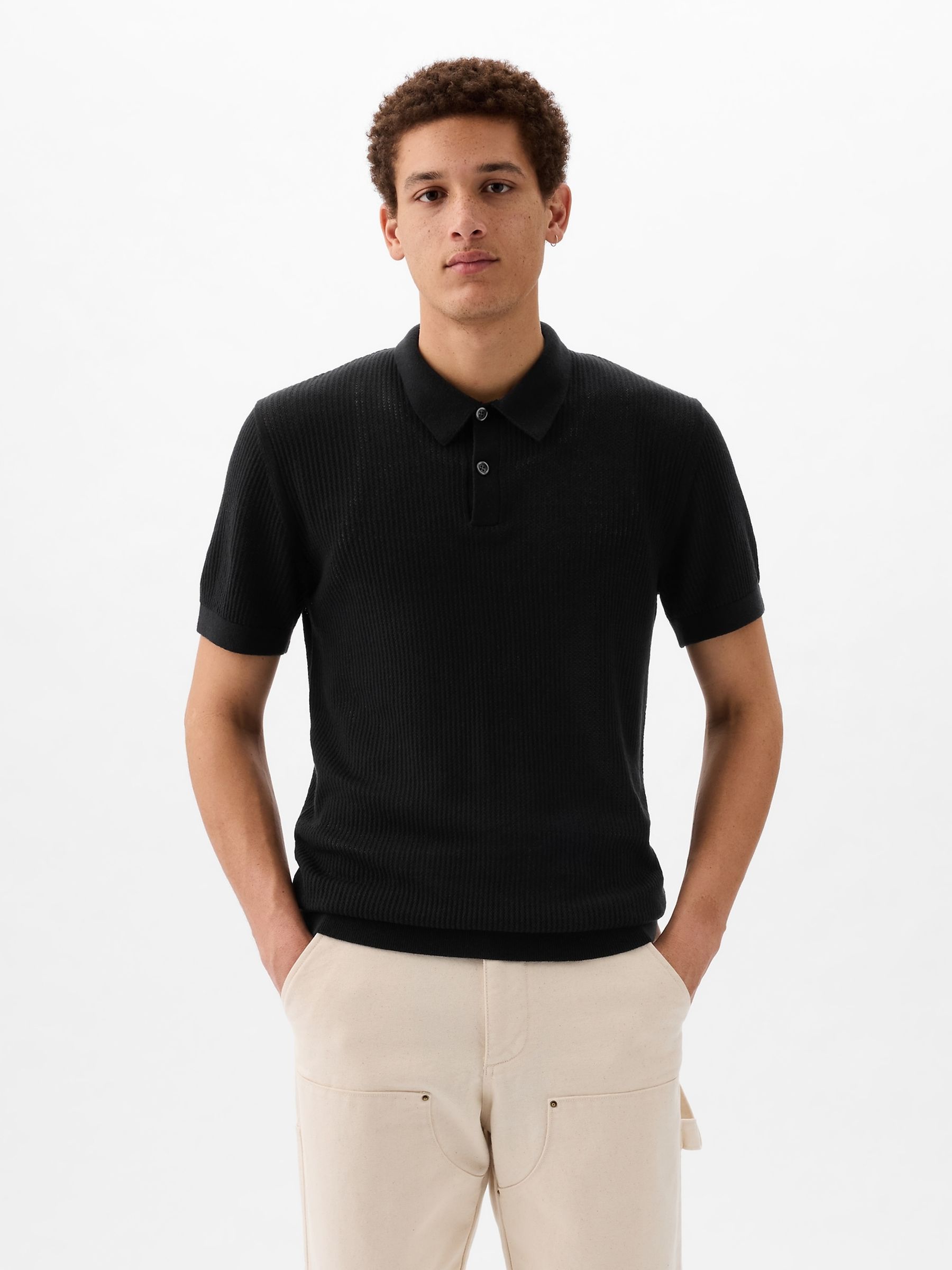 Black Textured Short Sleeve Polo Shirt - Image 1 of 4
