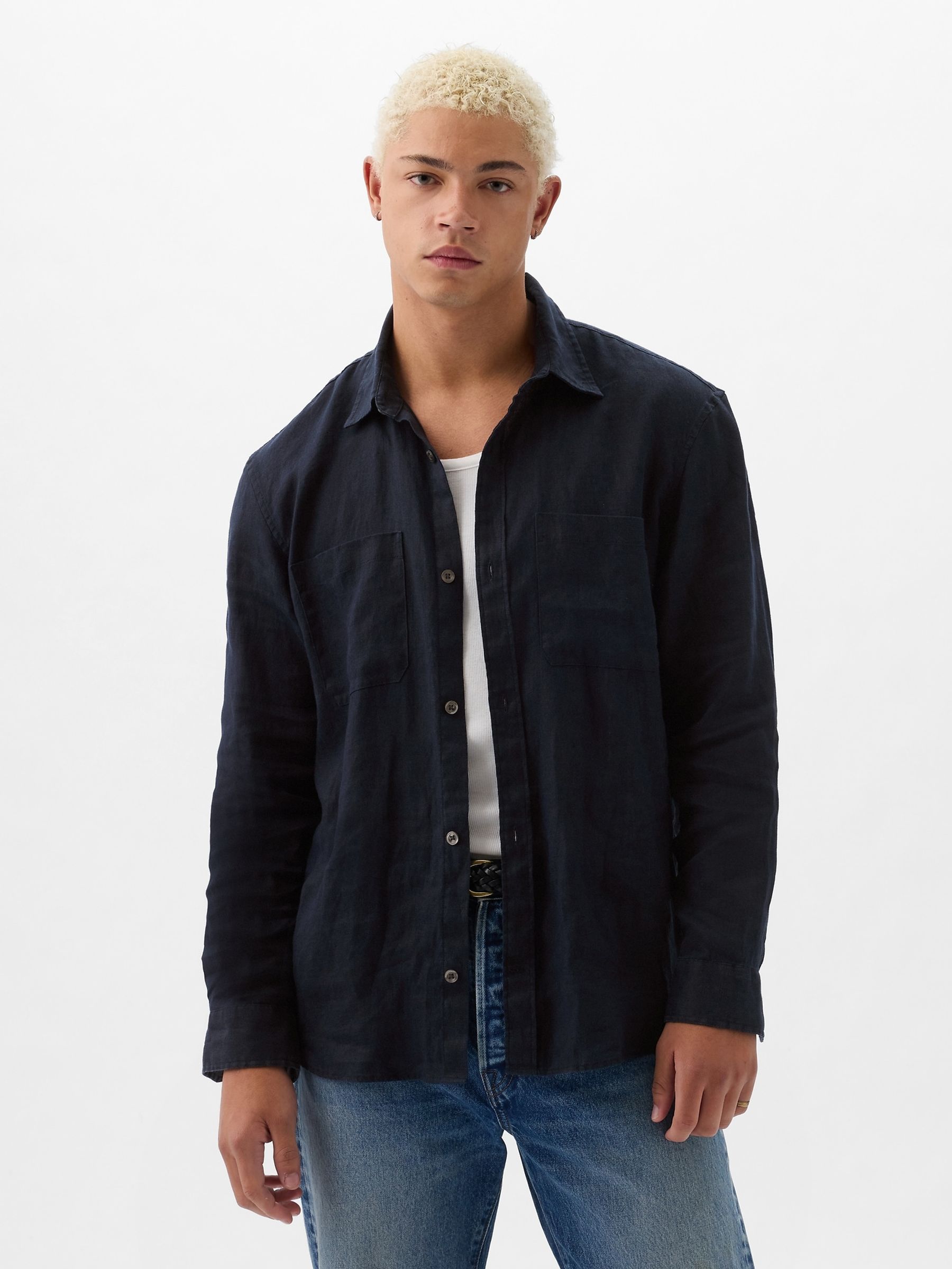 Dark Blue Linen Blend Long Sleeve Shirt - Image 1 of 5