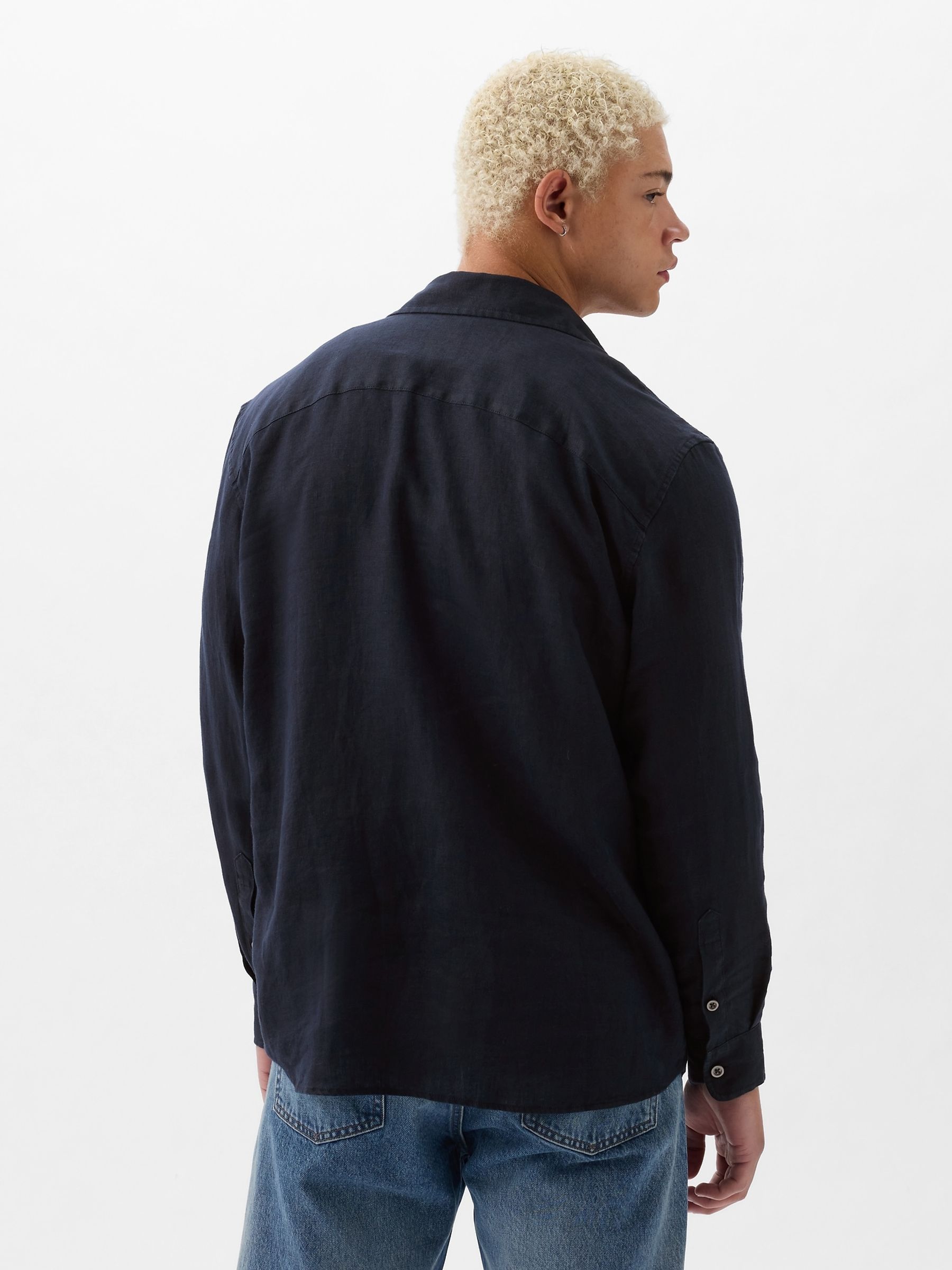 Dark Blue Linen Blend Long Sleeve Shirt - Image 2 of 5
