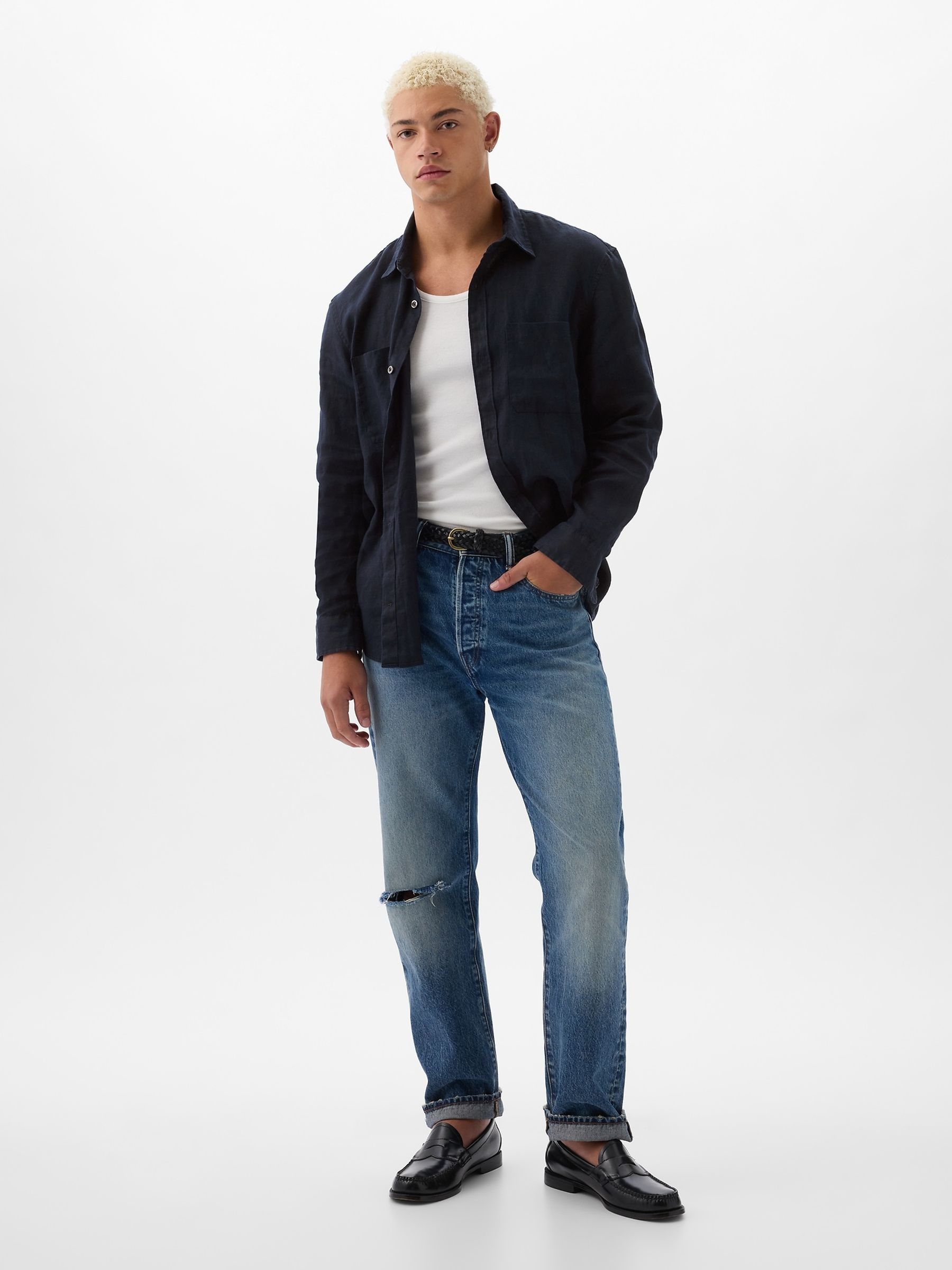 Dark Blue Linen Blend Long Sleeve Shirt - Image 3 of 5
