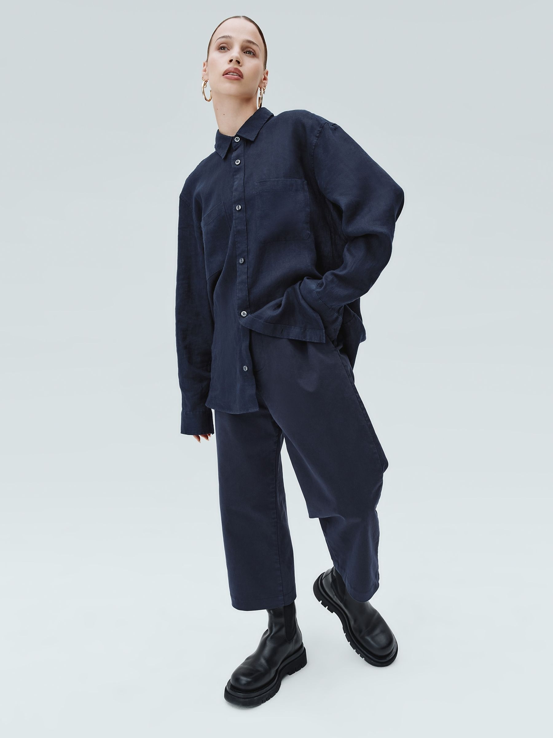 Dark Blue Linen Blend Long Sleeve Shirt - Image 4 of 5