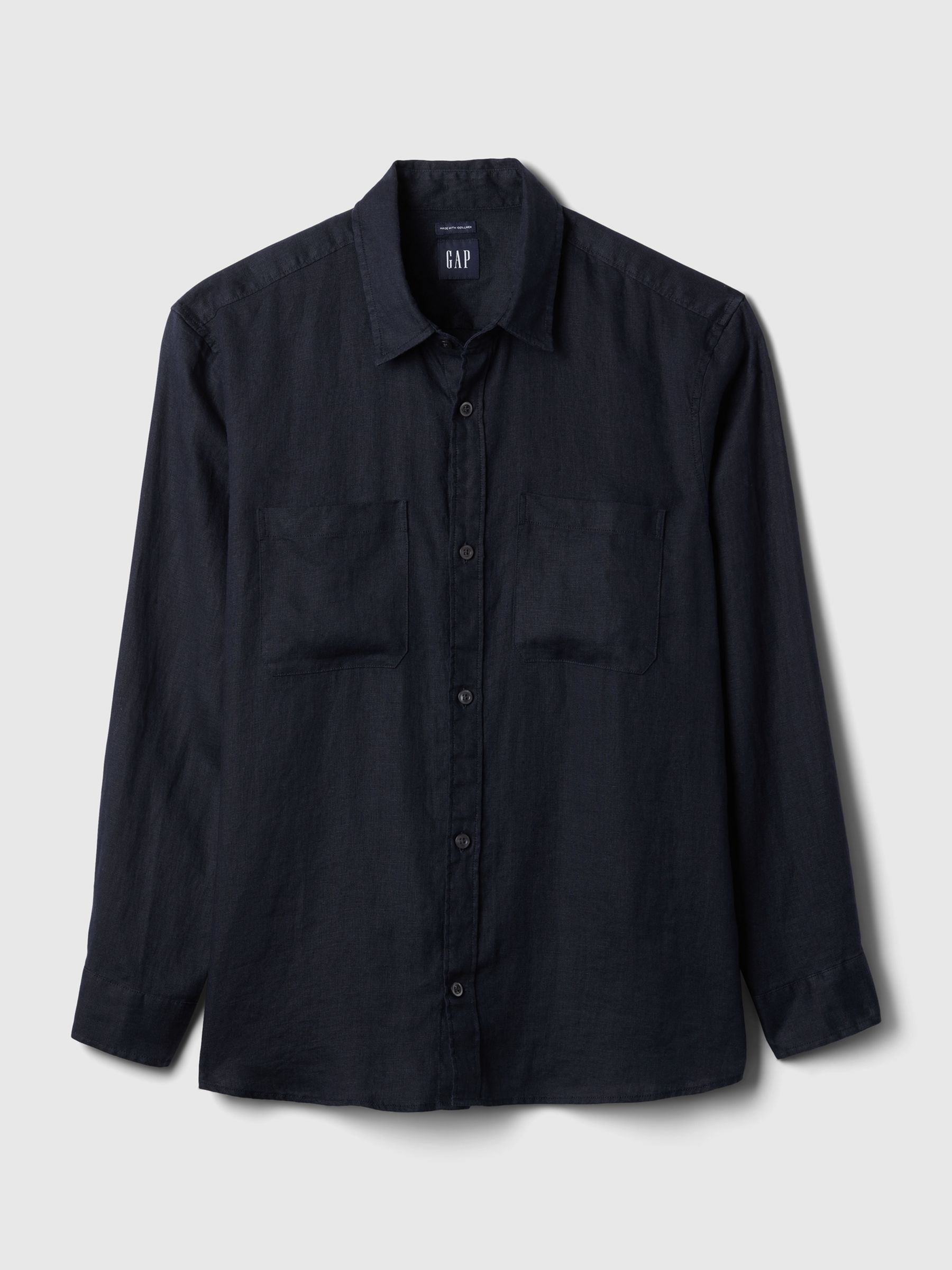 Dark Blue Linen Blend Long Sleeve Shirt - Image 5 of 5