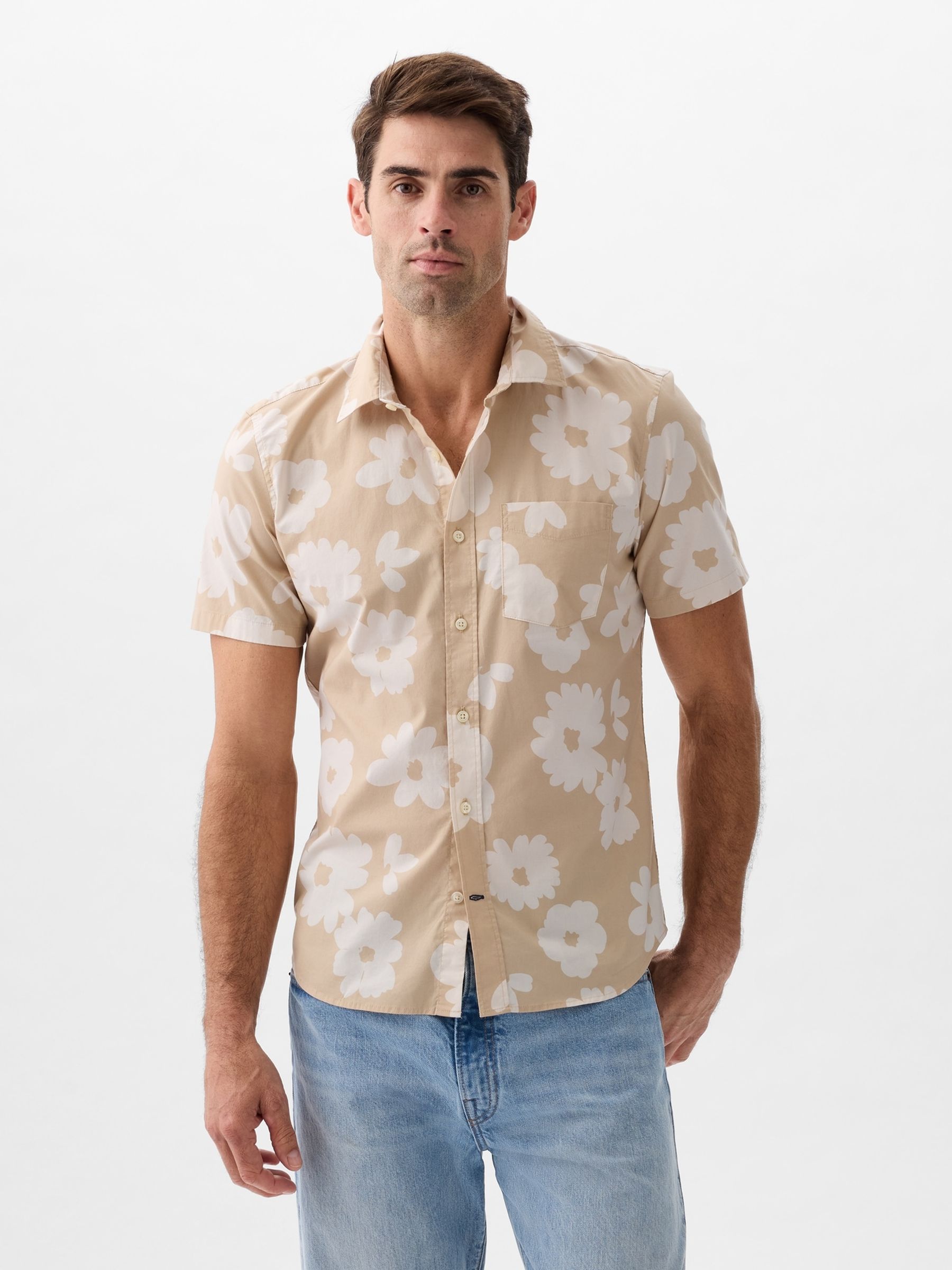 Brown Print Standard Fit Stretch Short Sleeve Poplin Shirt - Image 2 of 2
