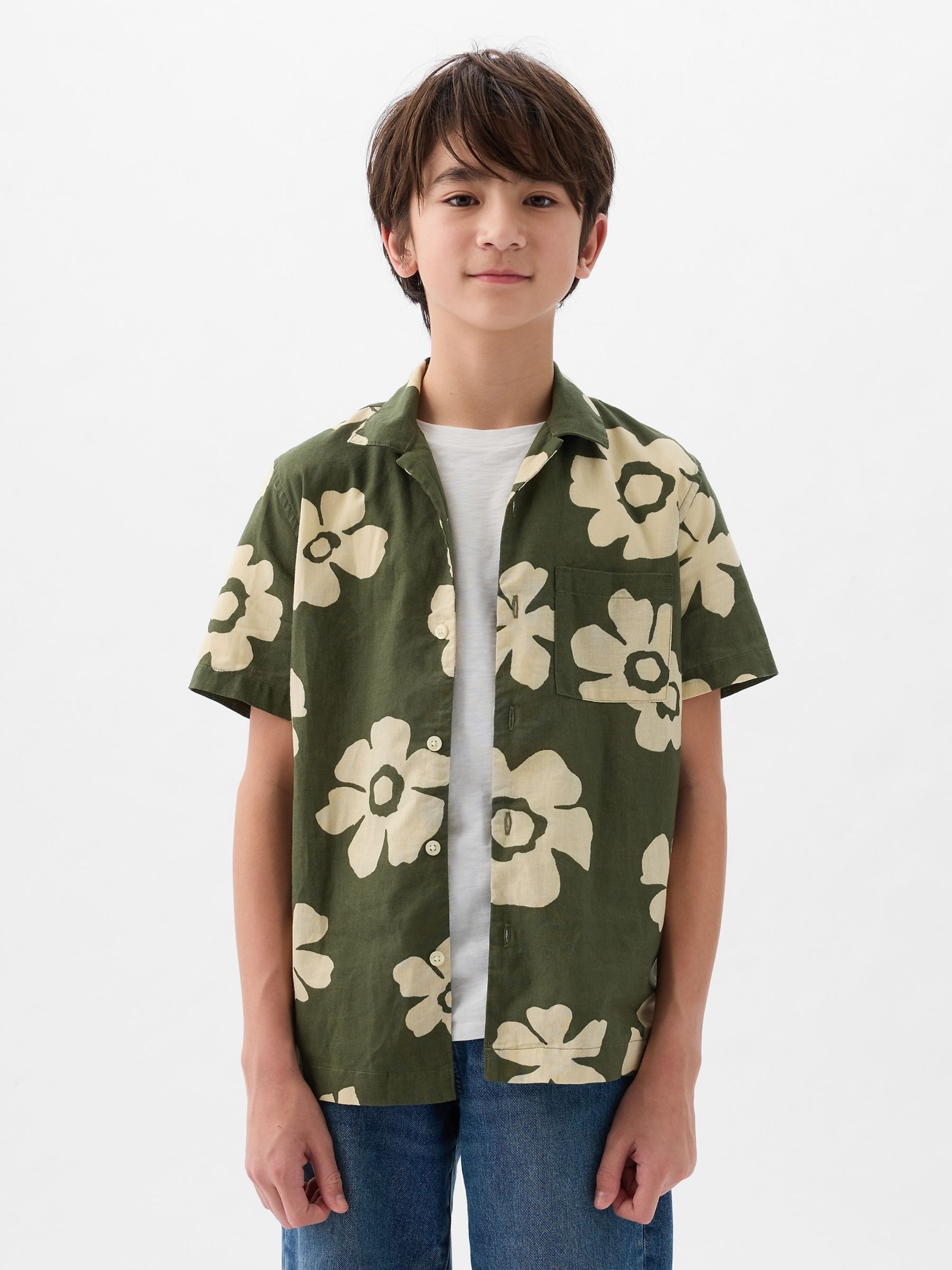 Green Print Cotton Short Sleeve Shirt (4-13yrs) - Image 1 of 4