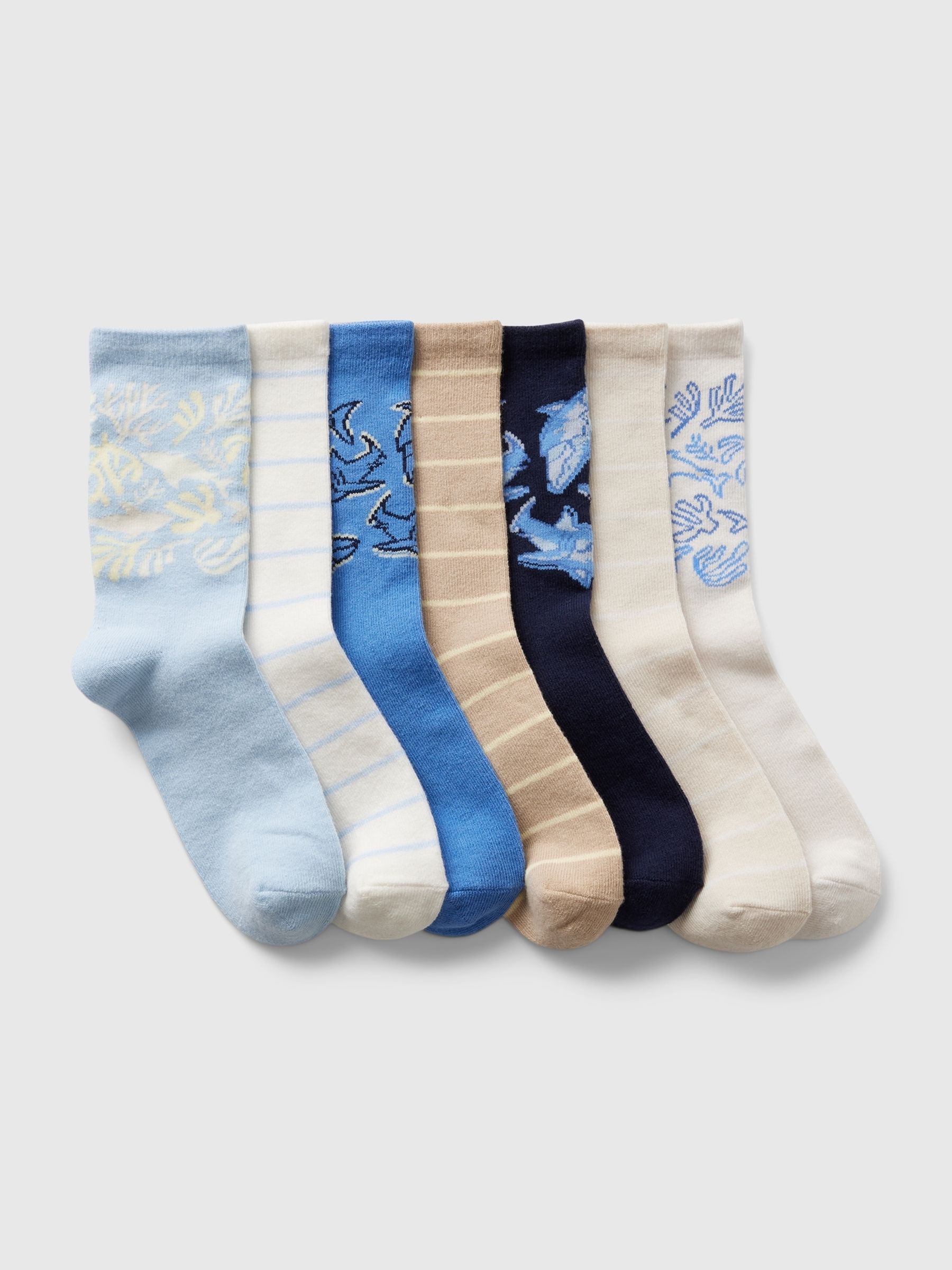 Beige Kids Shark Crew Socks 7 Pack - Image 1 of 1