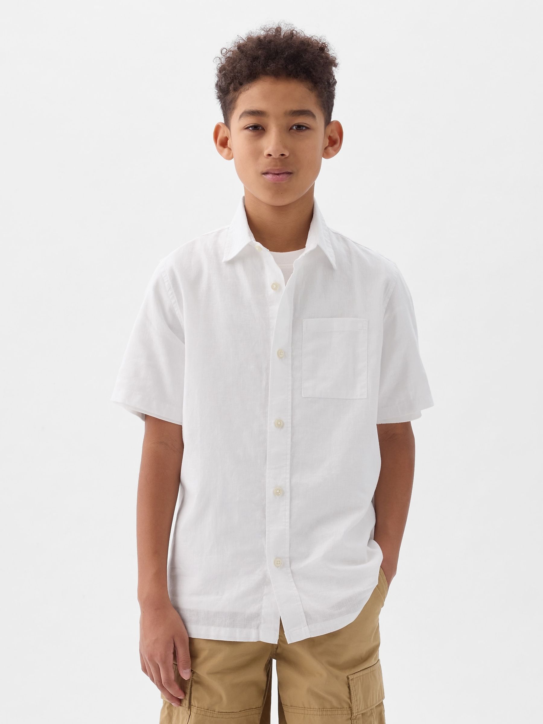 White Short Sleeve Linen Cotton Shirt (4-13yrs) - Image 3 of 3