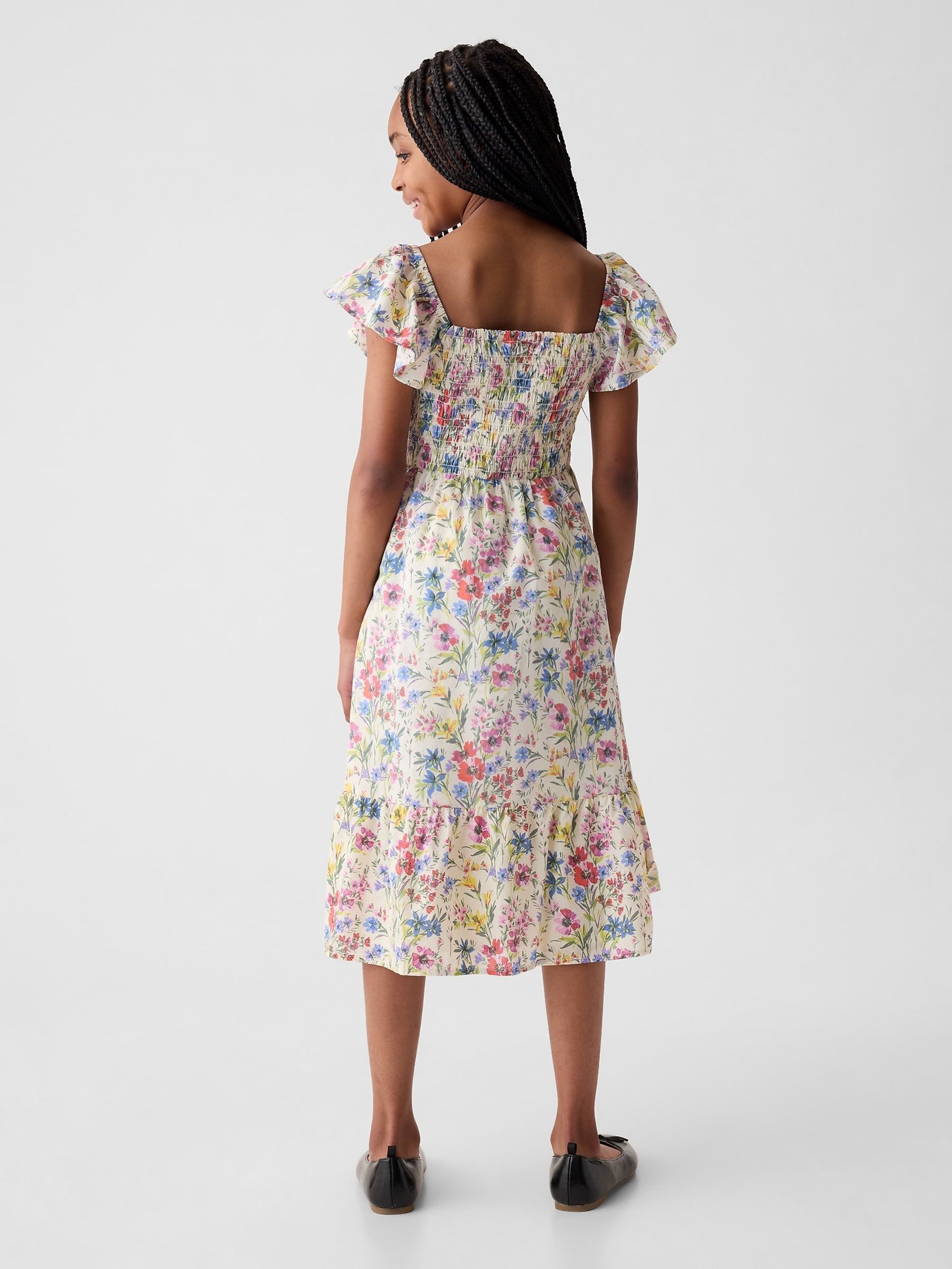 White Floral Flutter Sleeve Floral Print Smock Dress (4-13yrs) - Image 2 of 2