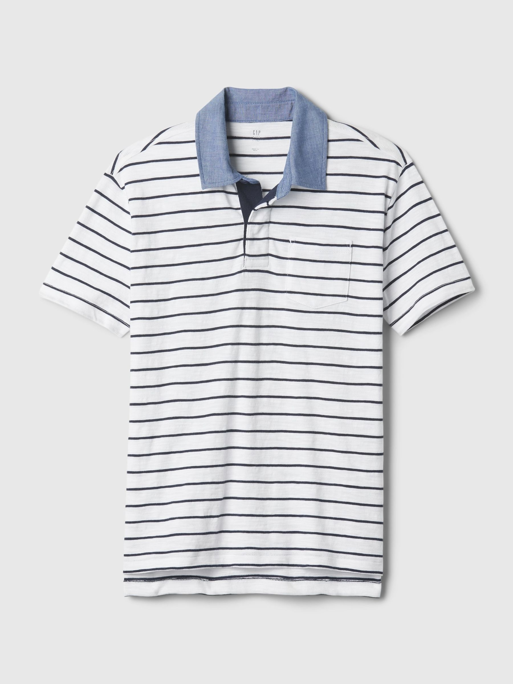 White/Blue Stripe Chambray Collar Short Sleeve Polo Shirt (4-13yrs) - Image 1 of 3