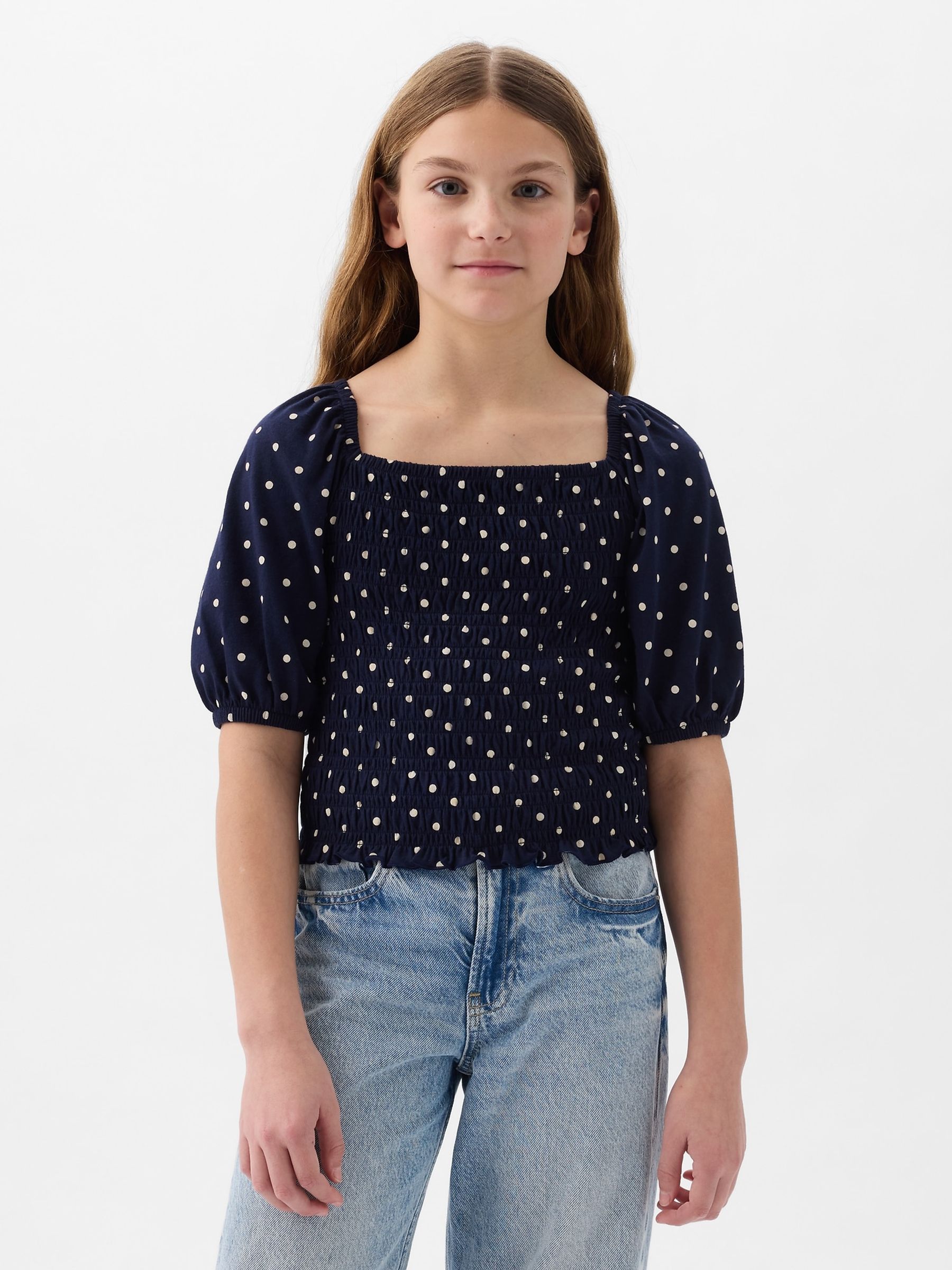 Navy Blue Puff Sleeve Square Neck Smocked Top (4yrs-13yrs) - Image 1 of 3 Navy Blue Puff Sleeve Square Neck Smocked Top (4yrs-13yrs) - Image 1 of 3