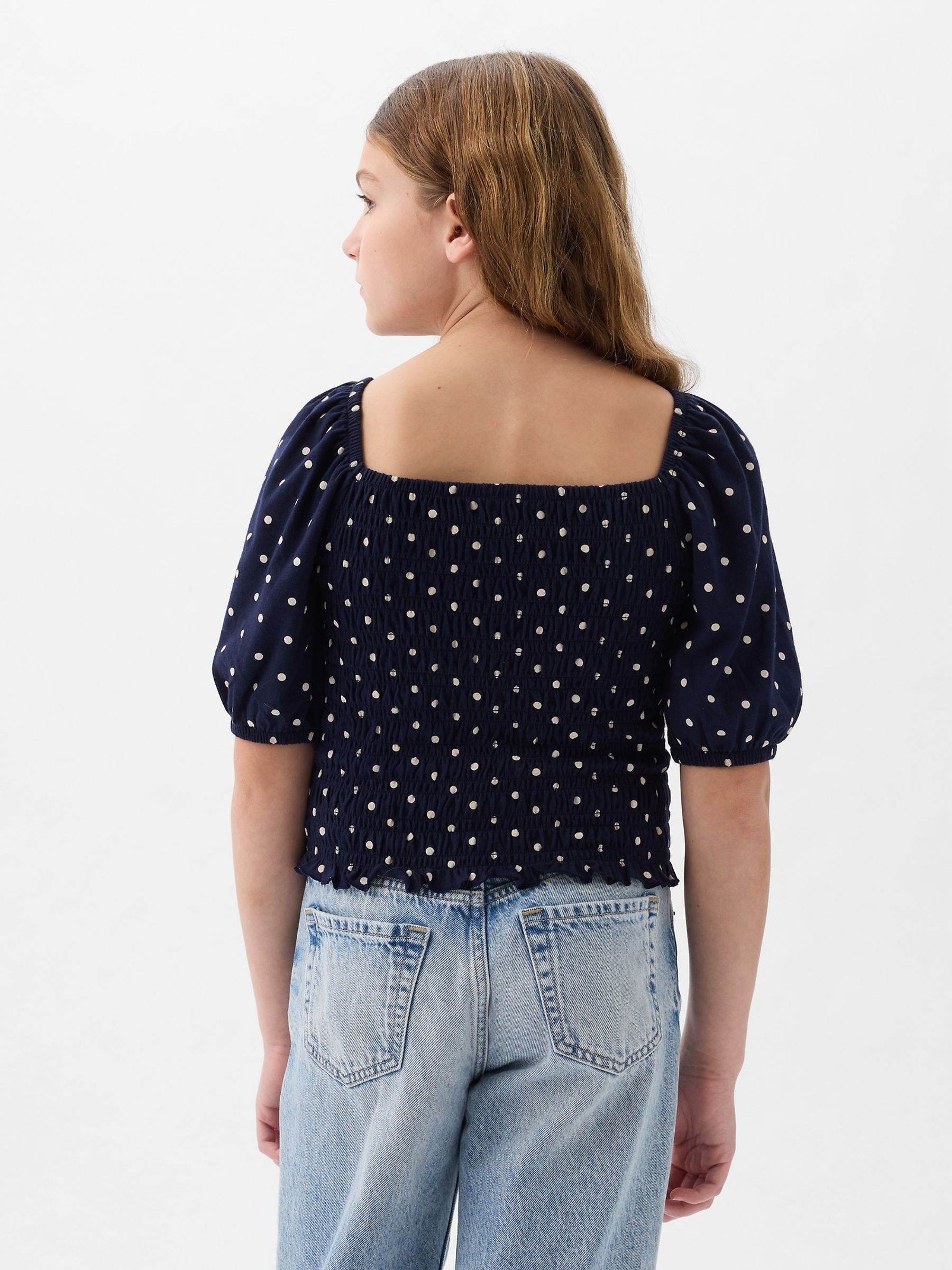 Navy Blue Puff Sleeve Square Neck Smocked Top (4yrs-13yrs) - Image 2 of 3 Navy Blue Puff Sleeve Square Neck Smocked Top (4yrs-13yrs) - Image 2 of 3