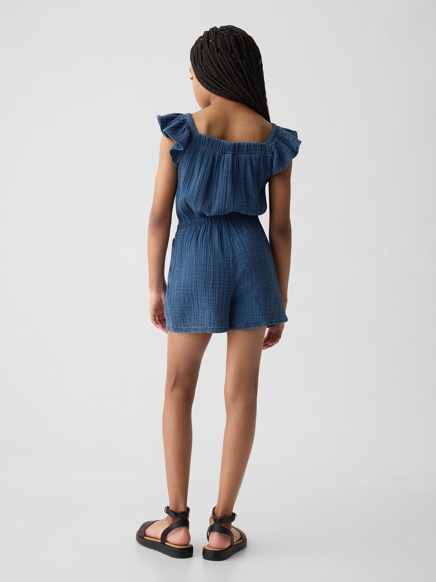 Blue Crinkle Cotton Flutter Sleeve Playsuit (4-13yrs) - Image 2 of 2
