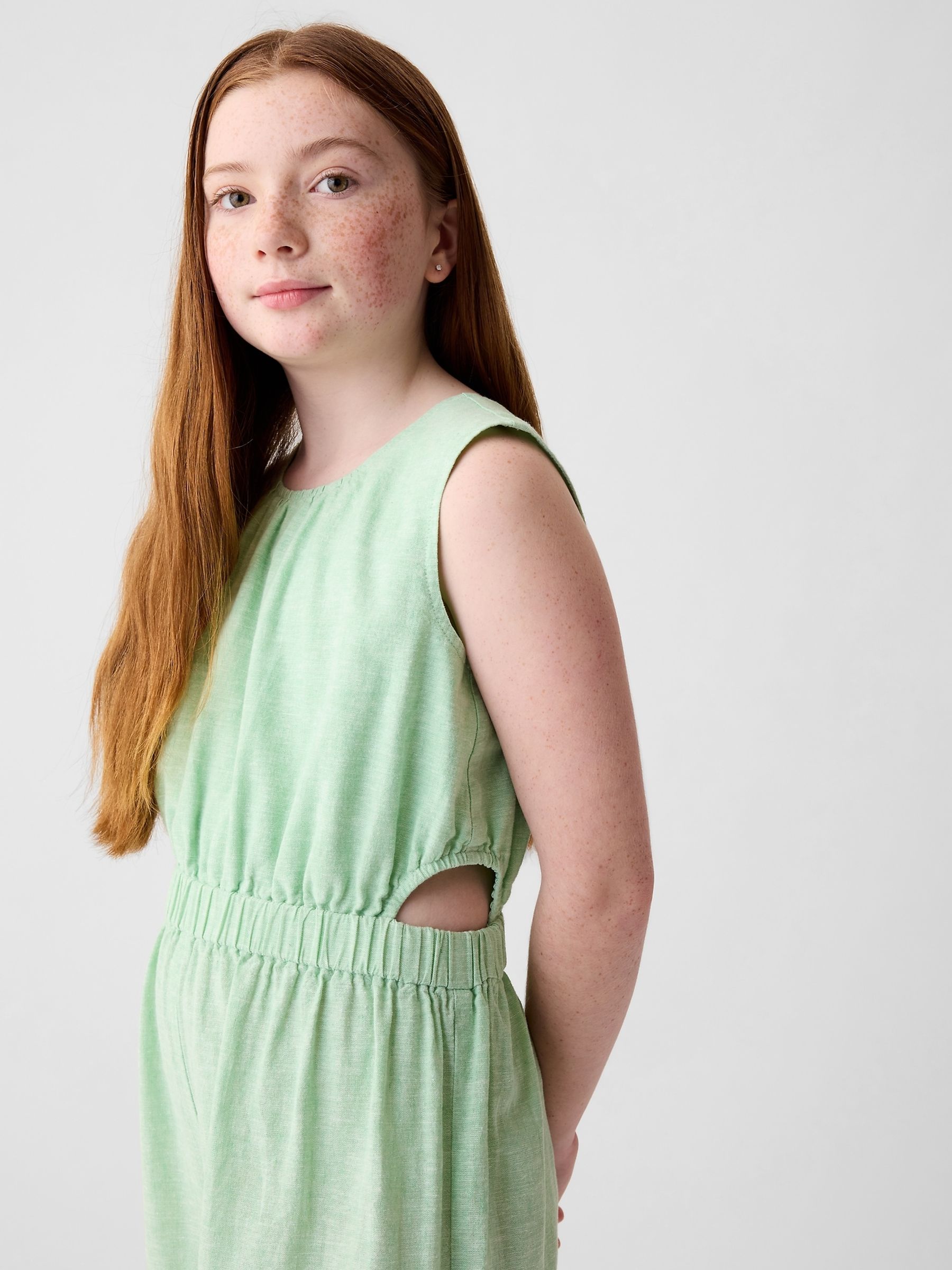Green Linen Cotton Sleevless Jumpsuit (4-13yrs) - Image 3 of 3