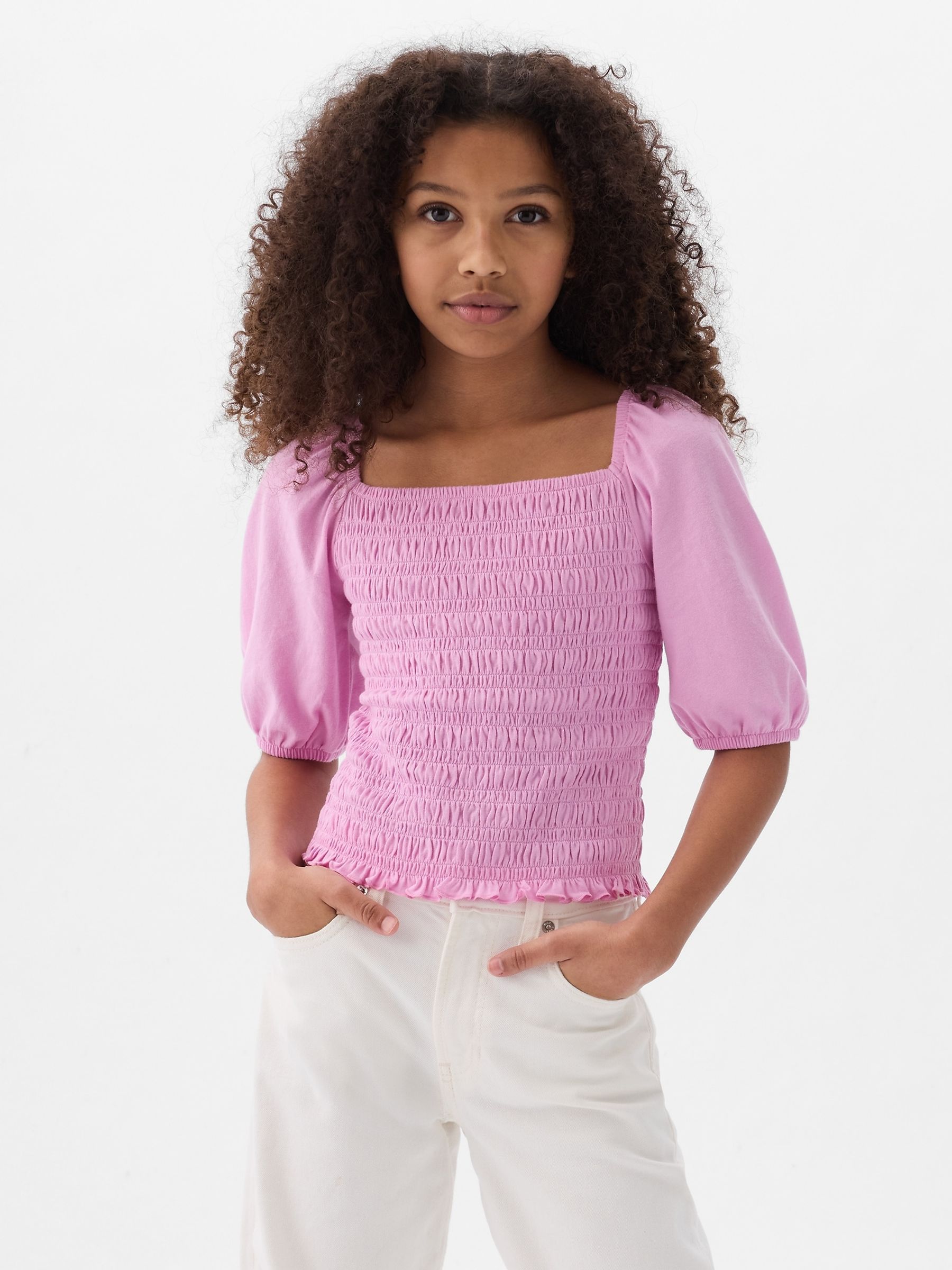 Pink Puff Sleeve Square Neck Smocked Top (4yrs-13yrs) - Image 1 of 3 Pink Puff Sleeve Square Neck Smocked Top (4yrs-13yrs) - Image 1 of 3